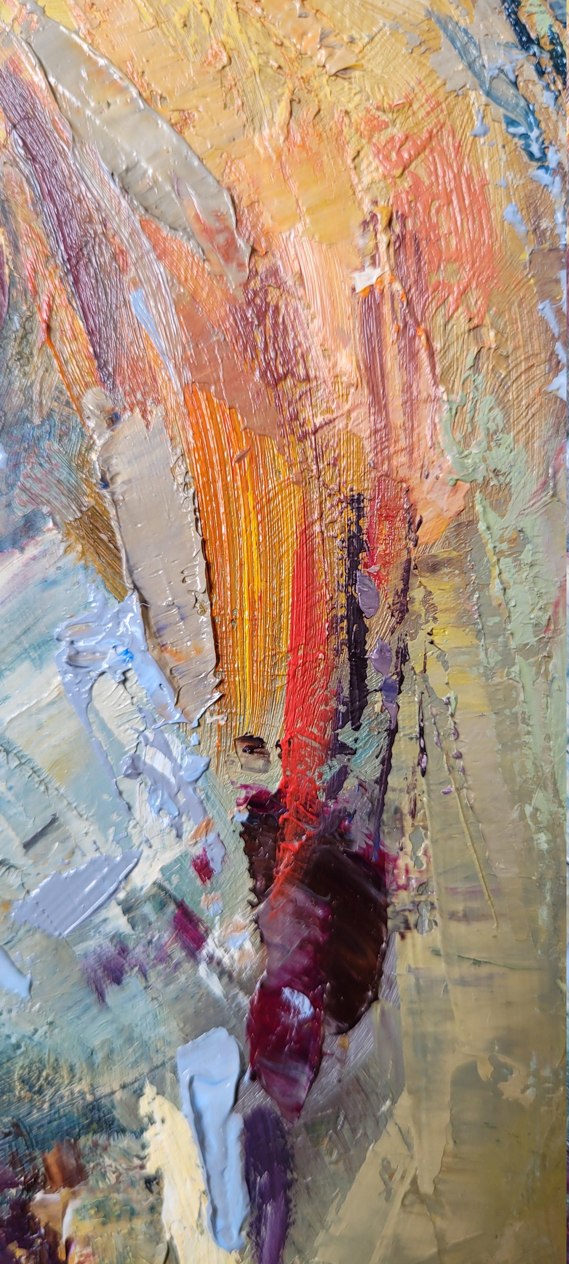 Coq. Animaliste, huile sur toile, verticale, verte, jaune, rouge, coq, oiseau - Painting de Mia