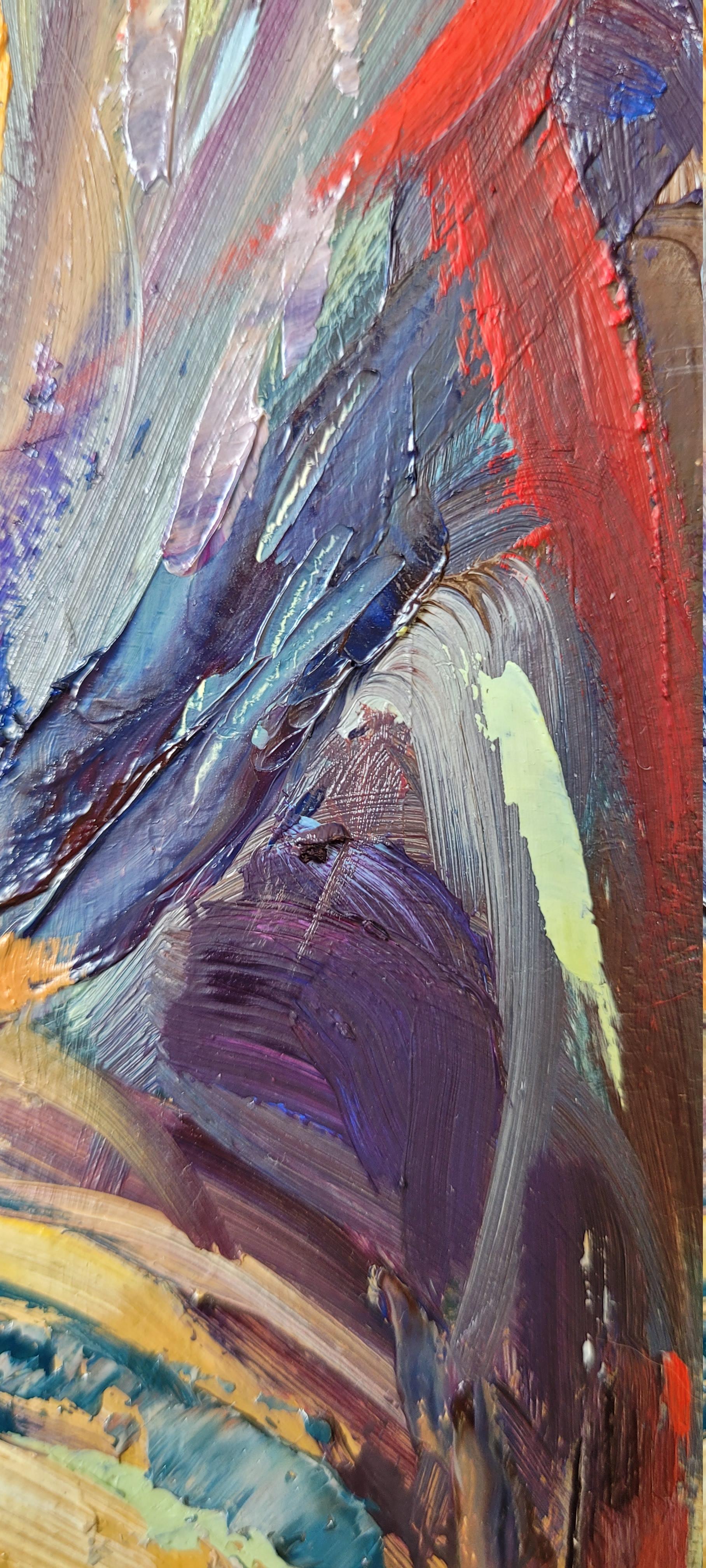 Coq. Animaliste, huile sur toile, verticale, verte, jaune, rouge, coq, oiseau - Contemporain Painting par Mia
