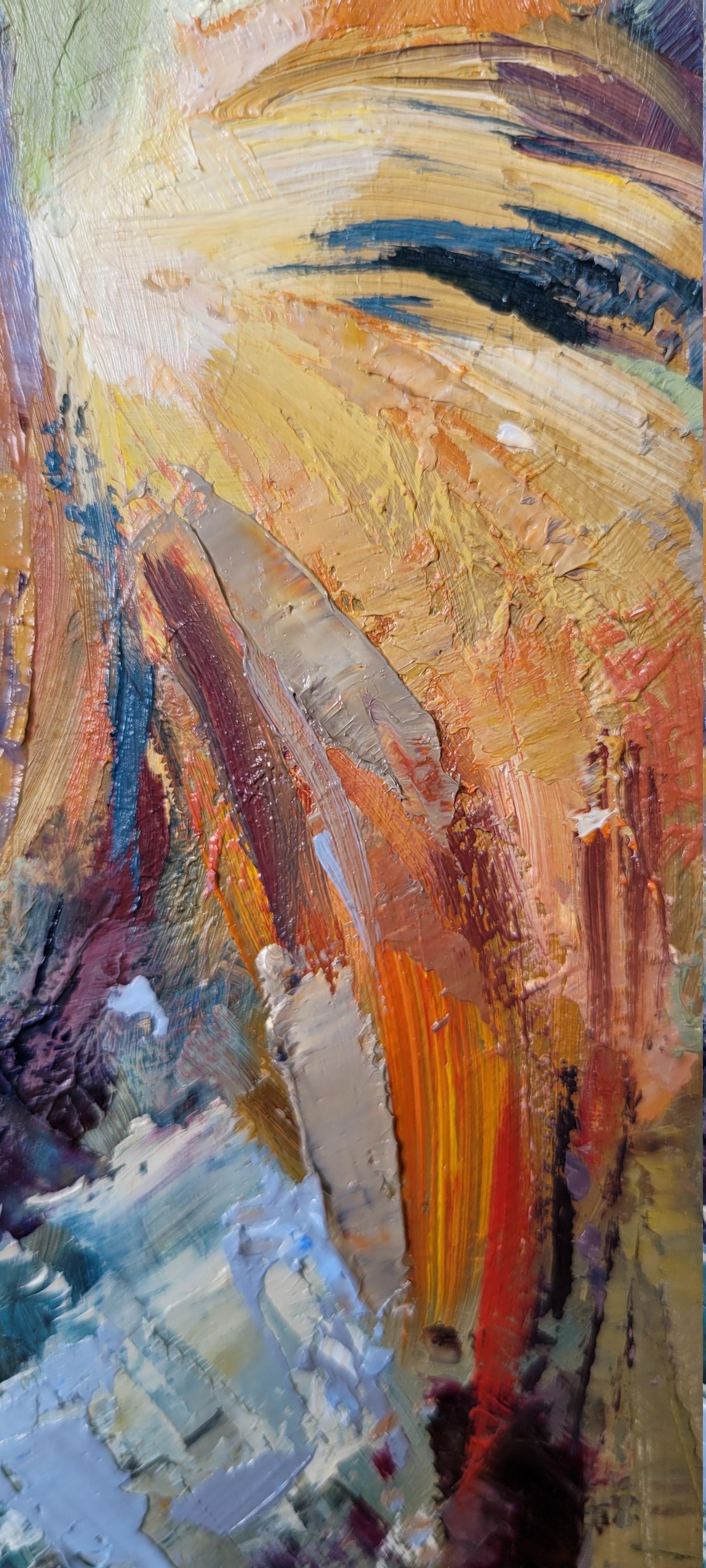 Coq. Animaliste, huile sur toile, verticale, verte, jaune, rouge, coq, oiseau en vente 1
