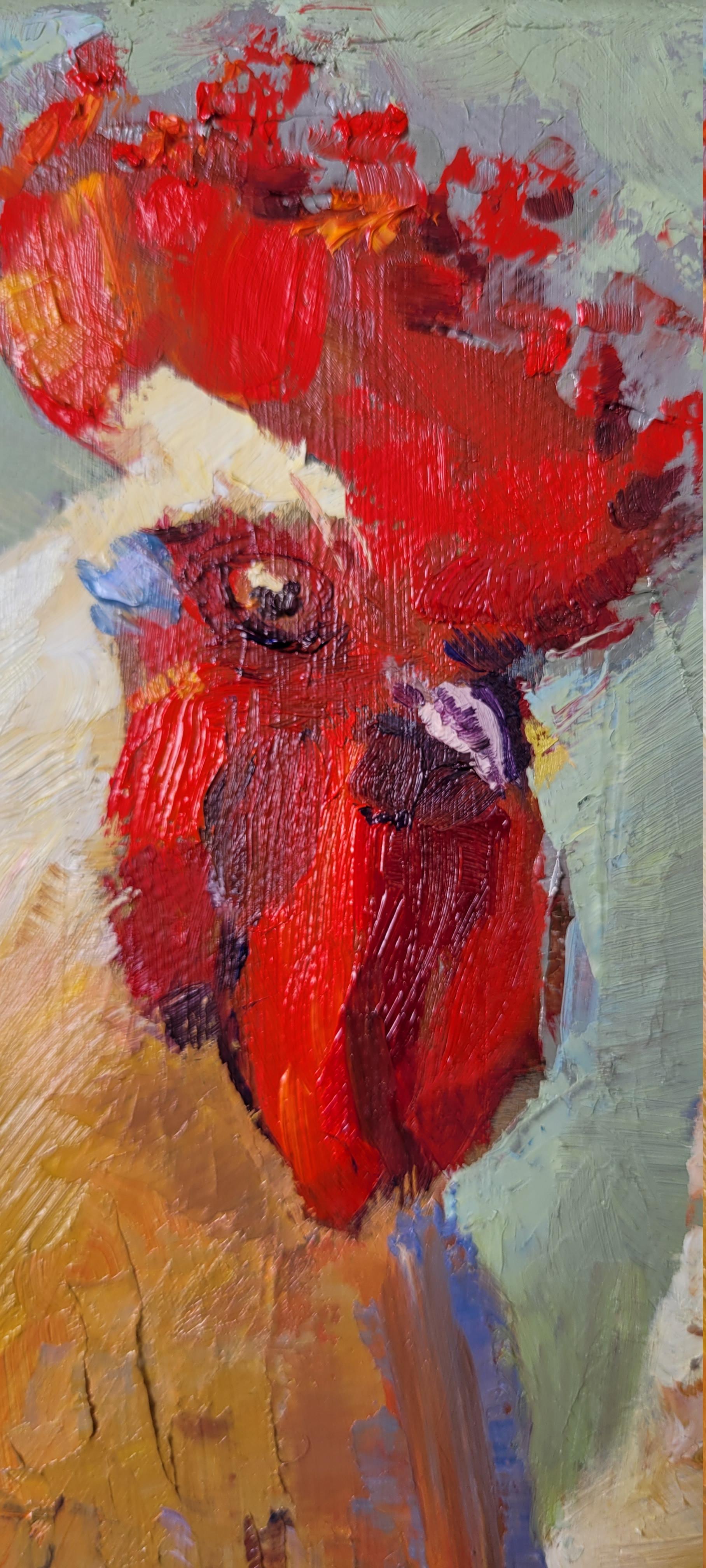 Coq. Animaliste, huile sur toile, verticale, verte, jaune, rouge, coq, oiseau en vente 2