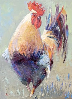 Gallo. Animalista, Óleo sobre lienzo, Vertical, Verde, Amarillo, Rojo, Gallo, Pájaro