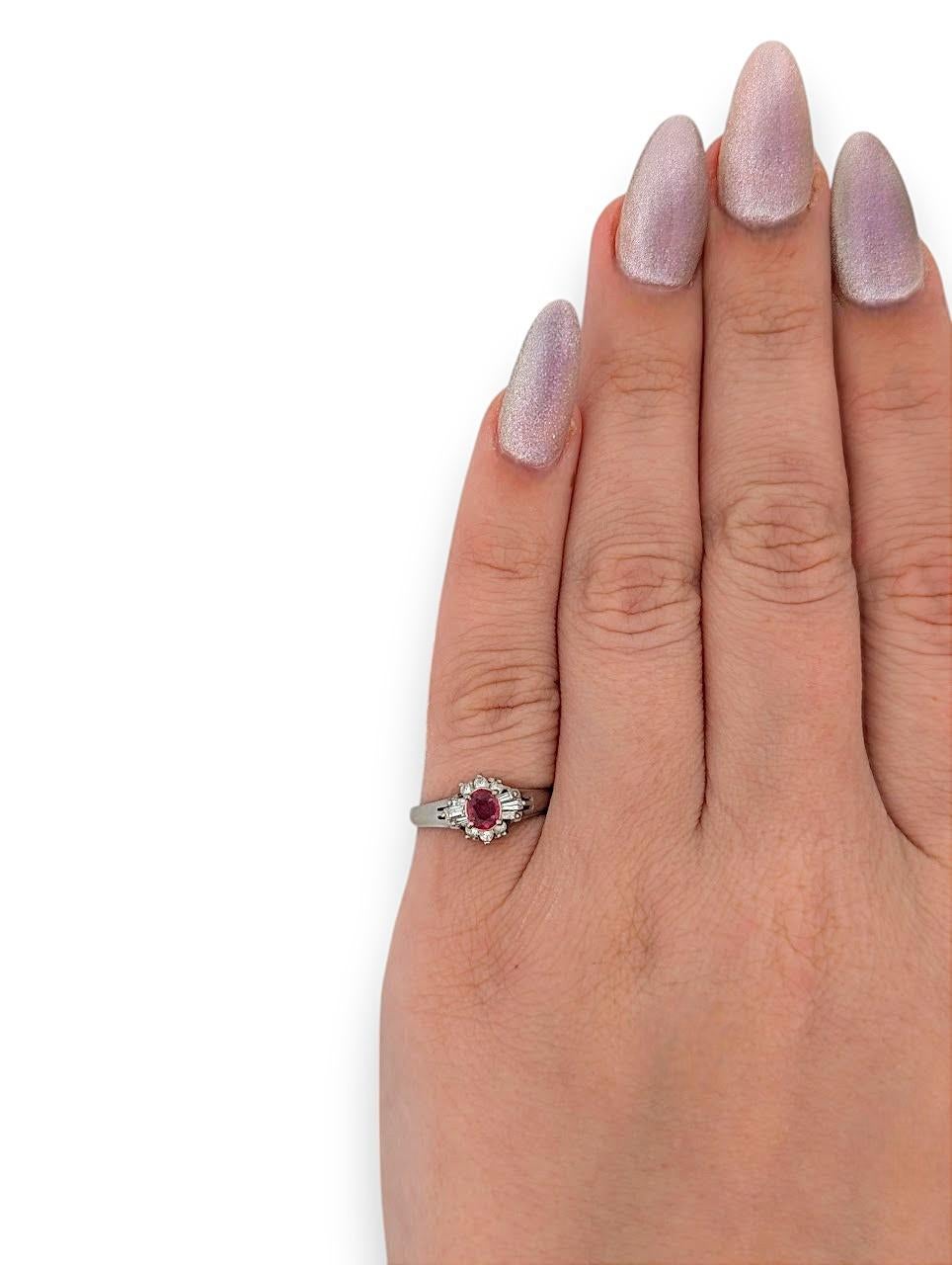 Story  Size 5.75  Platinum Ring with .24 ct Natural Oval Ruby  Size 5.75 In New Condition For Sale In Greeneville, TN