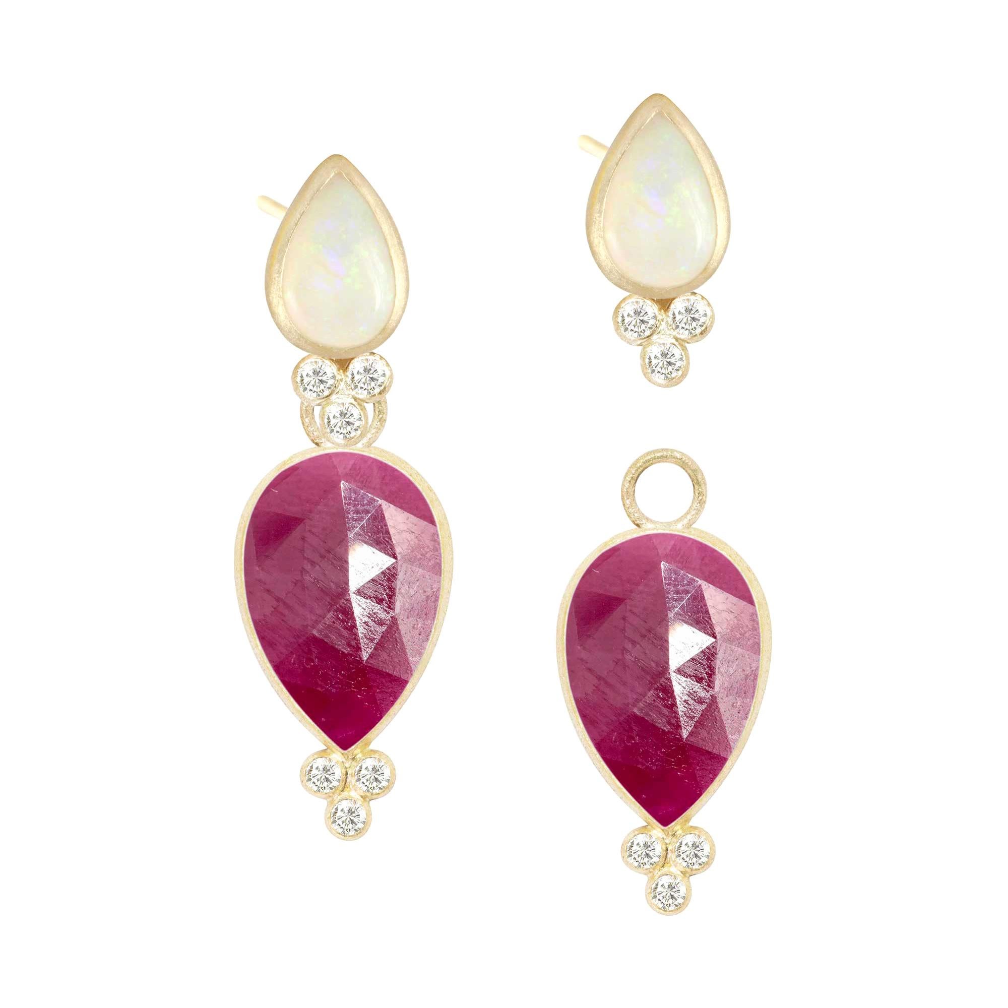 Lilly White Opal & Mia Small Ruby 18 Karat Gold Earrings For Sale