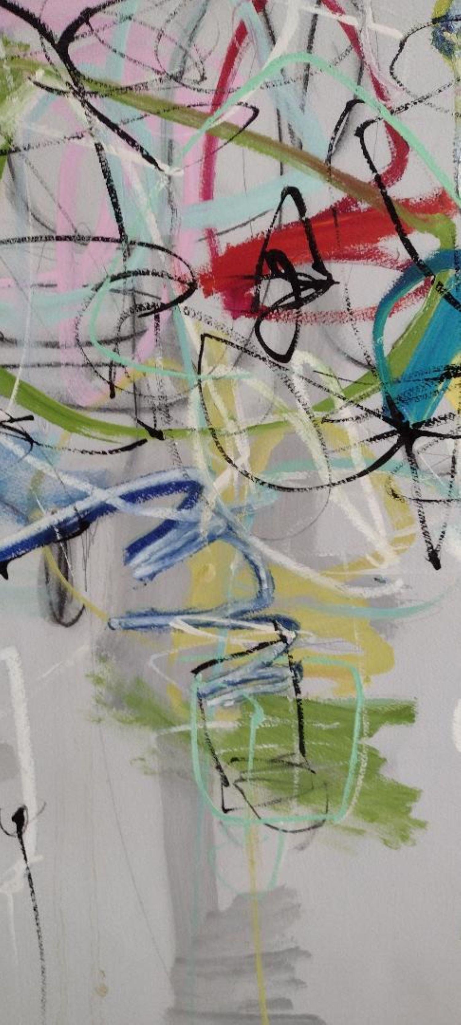 Songs I - Original abstract-lyrical, playful, vital, alive, bold colors on gray - Painting by Mia Stone