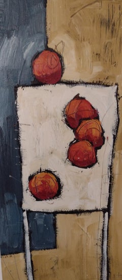 Nature morte I - Table moderne de style fantaisiste avec pommes et chaise sur papier