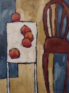 Still Life I - Modern whimsical style table with apples and chair on paper