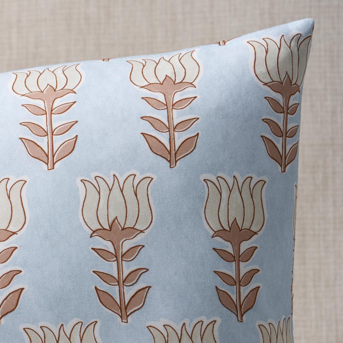 This pillow features Mia Tulip with a knife edge finish. Based on hand-drawn artwork from our studio, Mia Tulip is a simple stylized floral printed slightly off-register on fine cotton to evoke the look of a traditional block print. Pillow includes