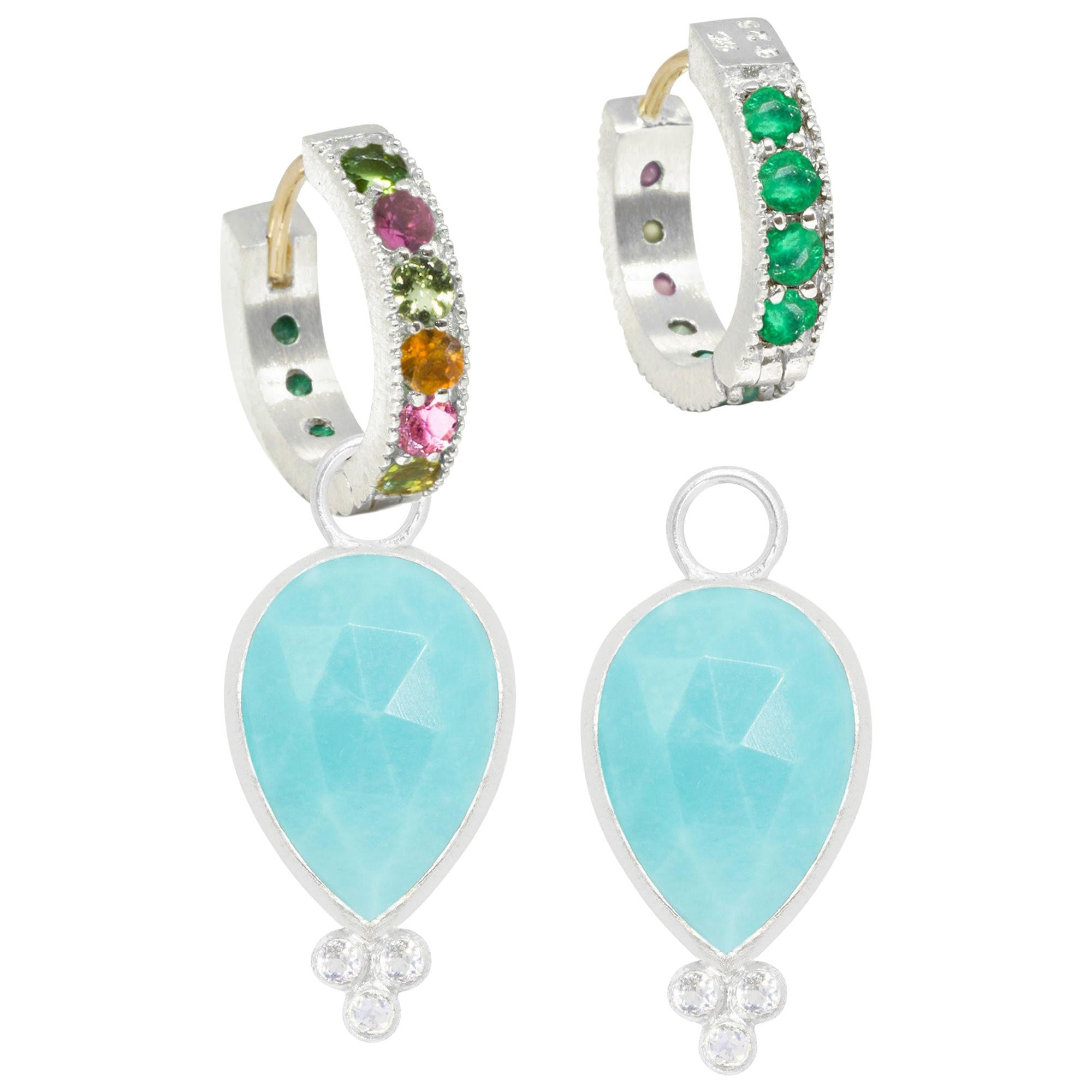 Mia Turquoise Charms and Intricate Silver Reversible Huggies Earrings For Sale