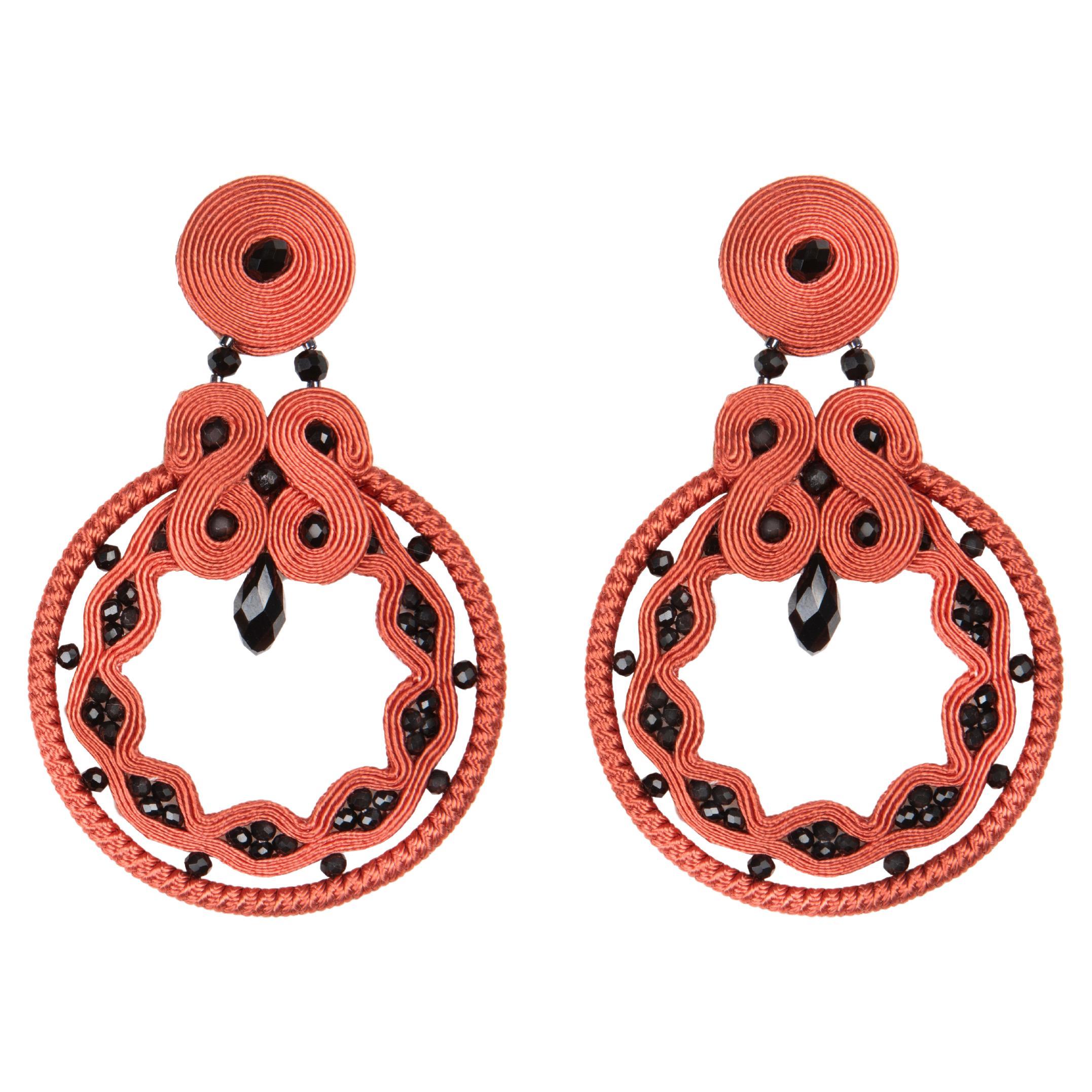  Miabril Coral & Jet Soutache Earrings with Silk Rayon, Beads & Silver Closure