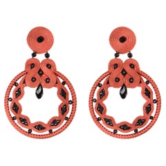  Miabril Coral & Jet Soutache Earrings with Silk Rayon, Beads & Silver Closure