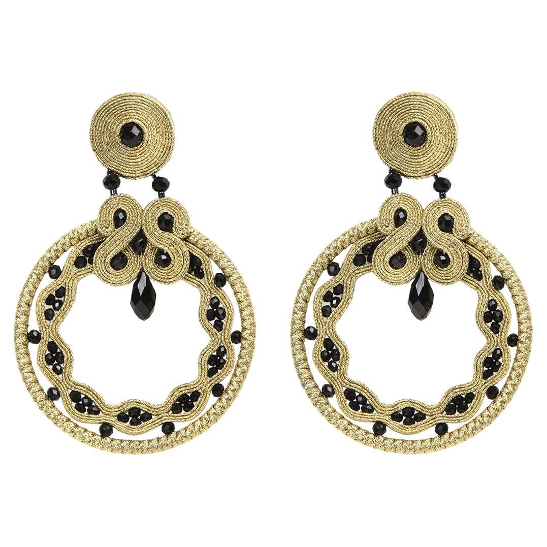 Miabril Gold & Jet Soutache Earrings with Silk Rayon, Beads & Silver Closure For Sale