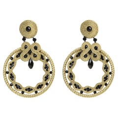 Used Miabril Gold & Jet Soutache Earrings with Silk Rayon, Beads & Silver Closure