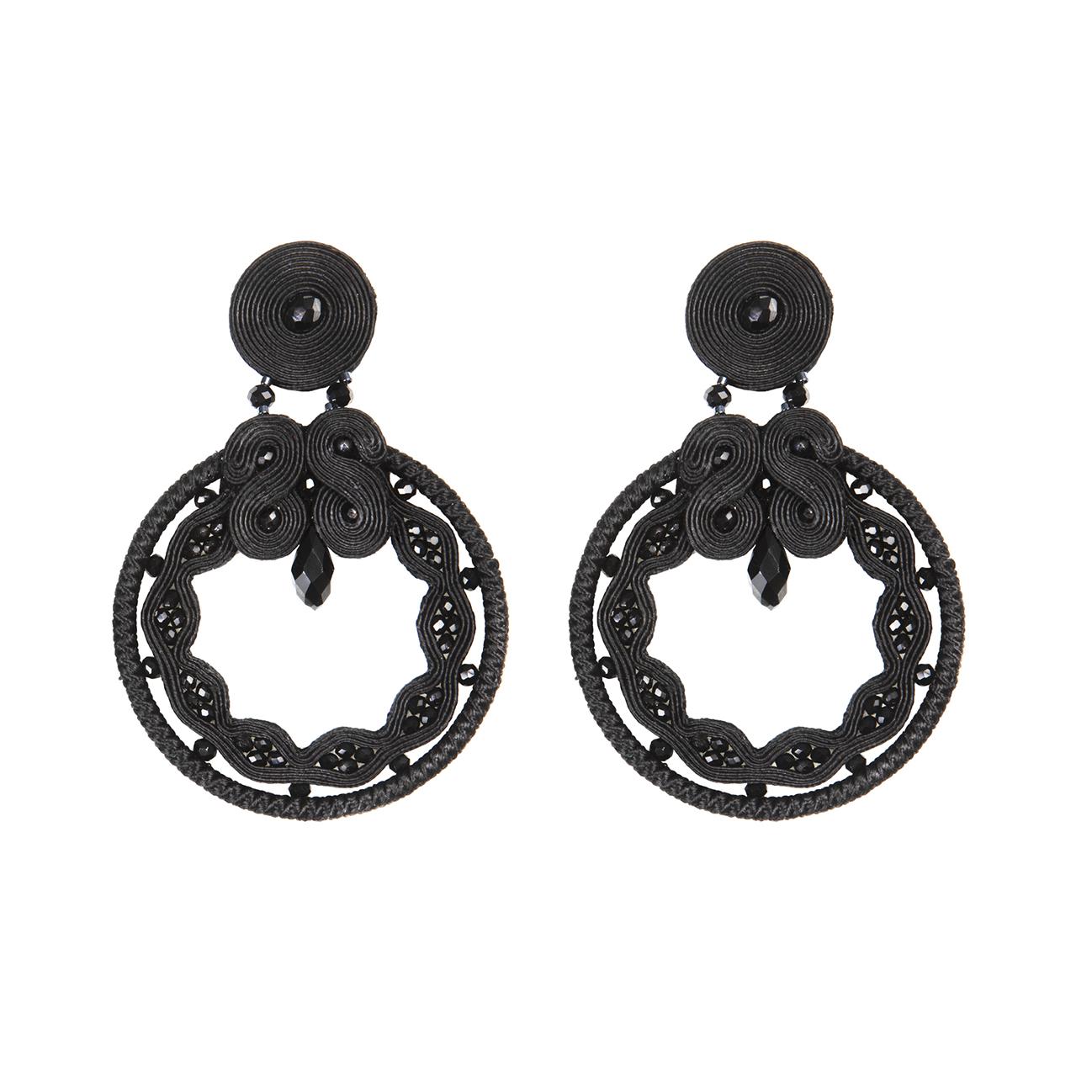 Miabril  Black  & Jet Soutache Earrings with Silk Rayon, Beads & Silver Closure For Sale 7