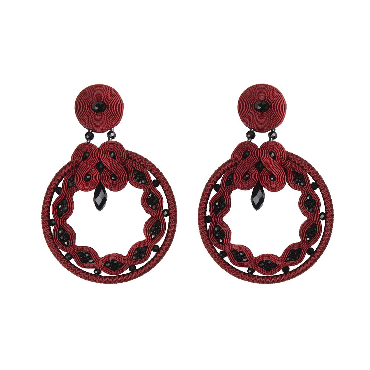 Women's Miabril  Black  & Jet Soutache Earrings with Silk Rayon, Beads & Silver Closure For Sale