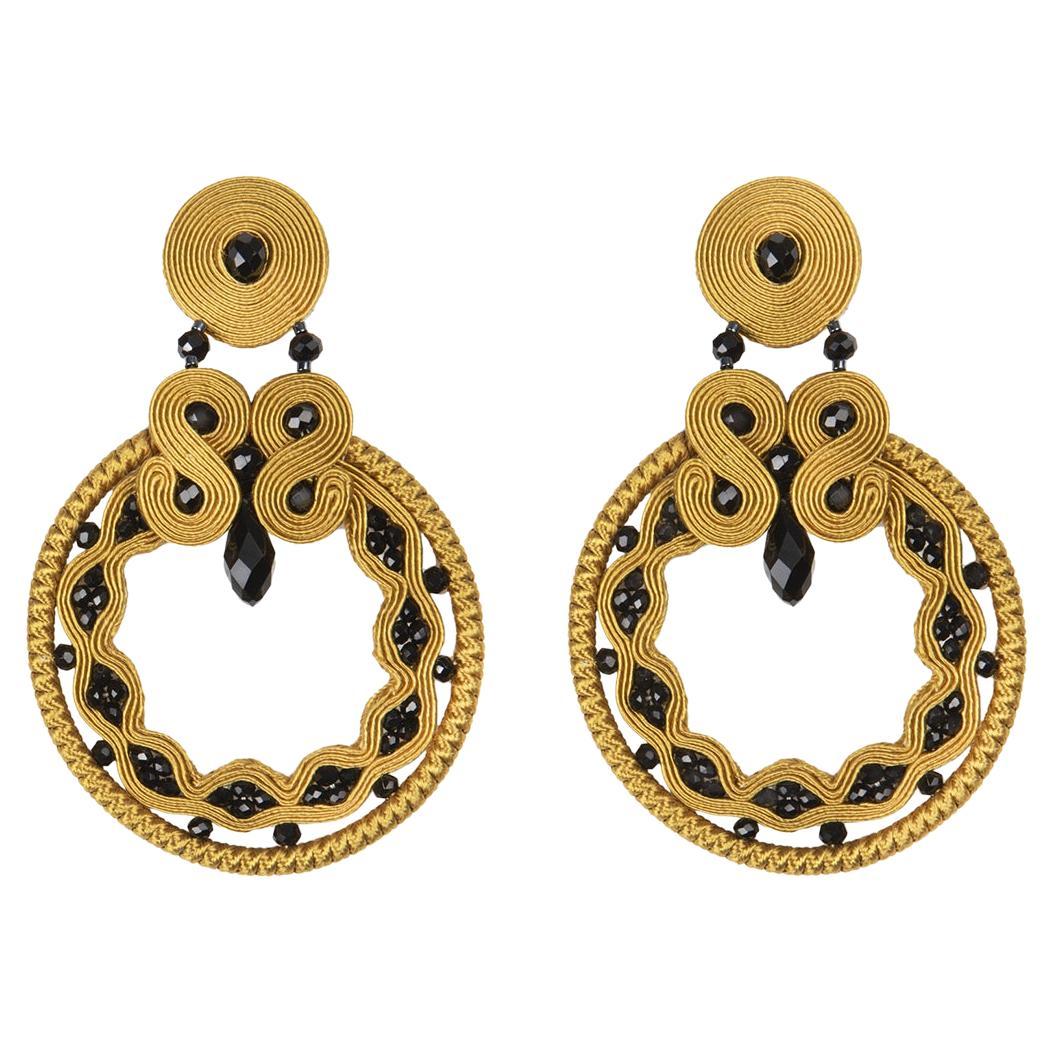 Miabril Gold & Jet Soutache Earrings with Silk Rayon, Beads & Silver Closure For Sale