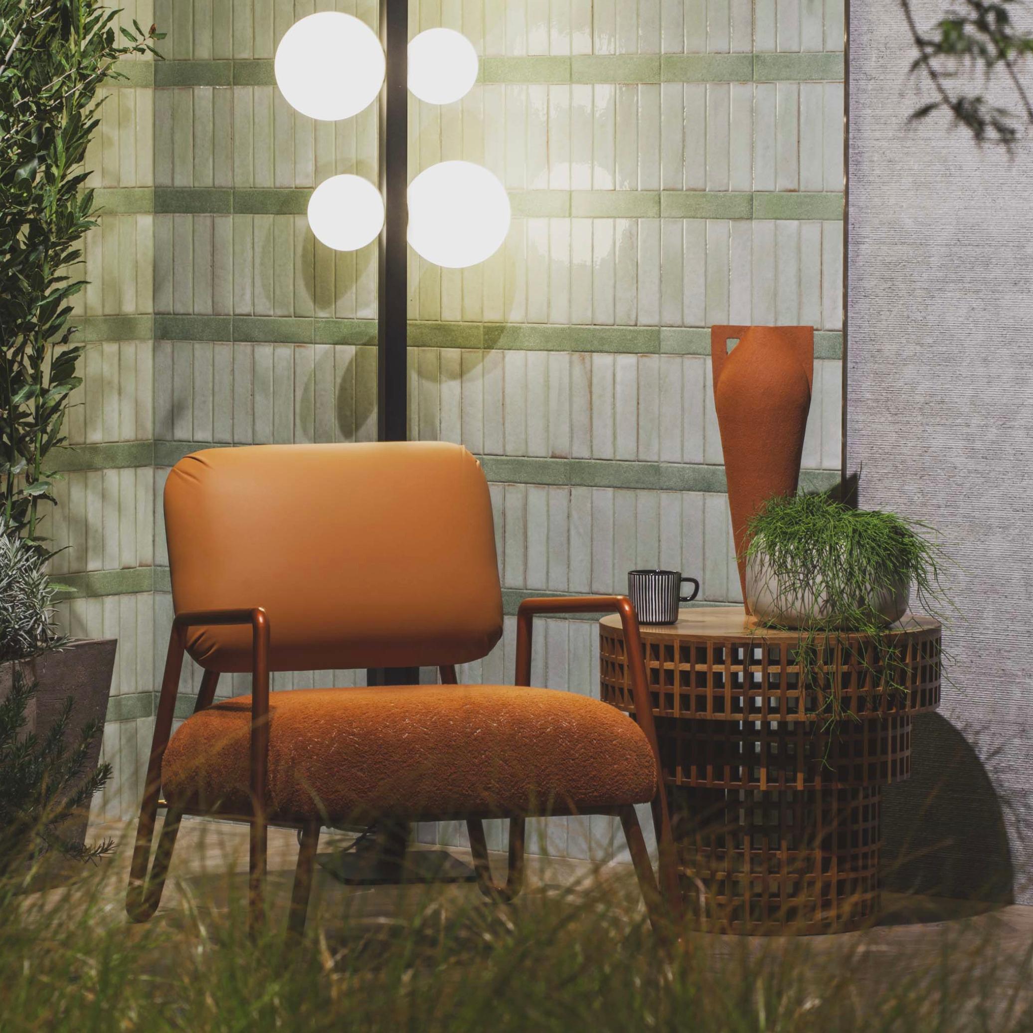 Mid-Century Modern Miami Armchair with Black Metal and Brass, Sage and Green Textured Fabrics For Sale