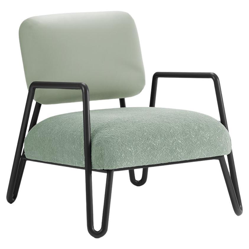Miami-Sessel aus schwarzem Metall und Messing, Salbei und grünen strukturierten Stoffen