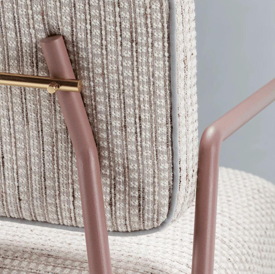 Lacquered Miami Armchair with Lilac Metal and Brass, Gilman Shingle Textured Fabric For Sale