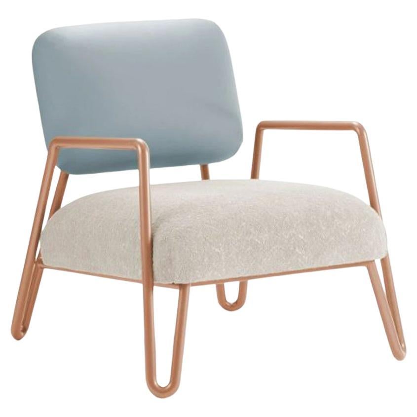 Miami Armchair with Salmon Metal and Brass, Skylight and White Textured Fabrics For Sale