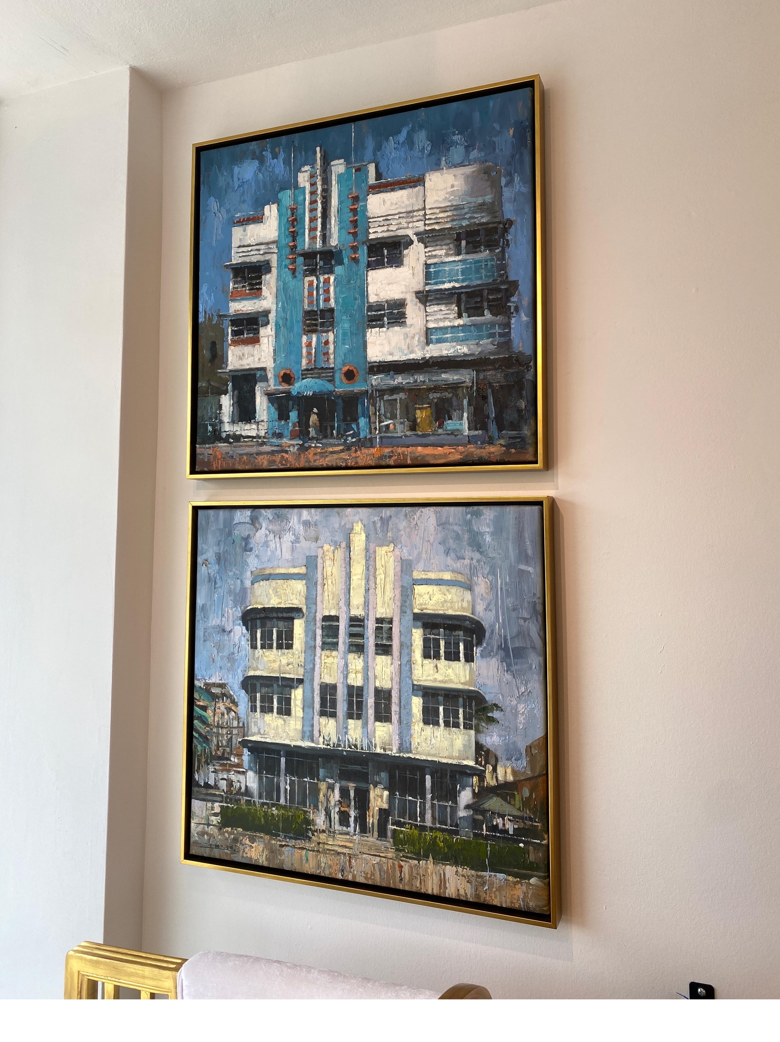 Medium size contemporary painting by Cuban artist Eric Alfaro. The piece was inspired by Miami Art Deco District. Framed with a gilded floater.
Oil on Canvas.
Miami, 2021.