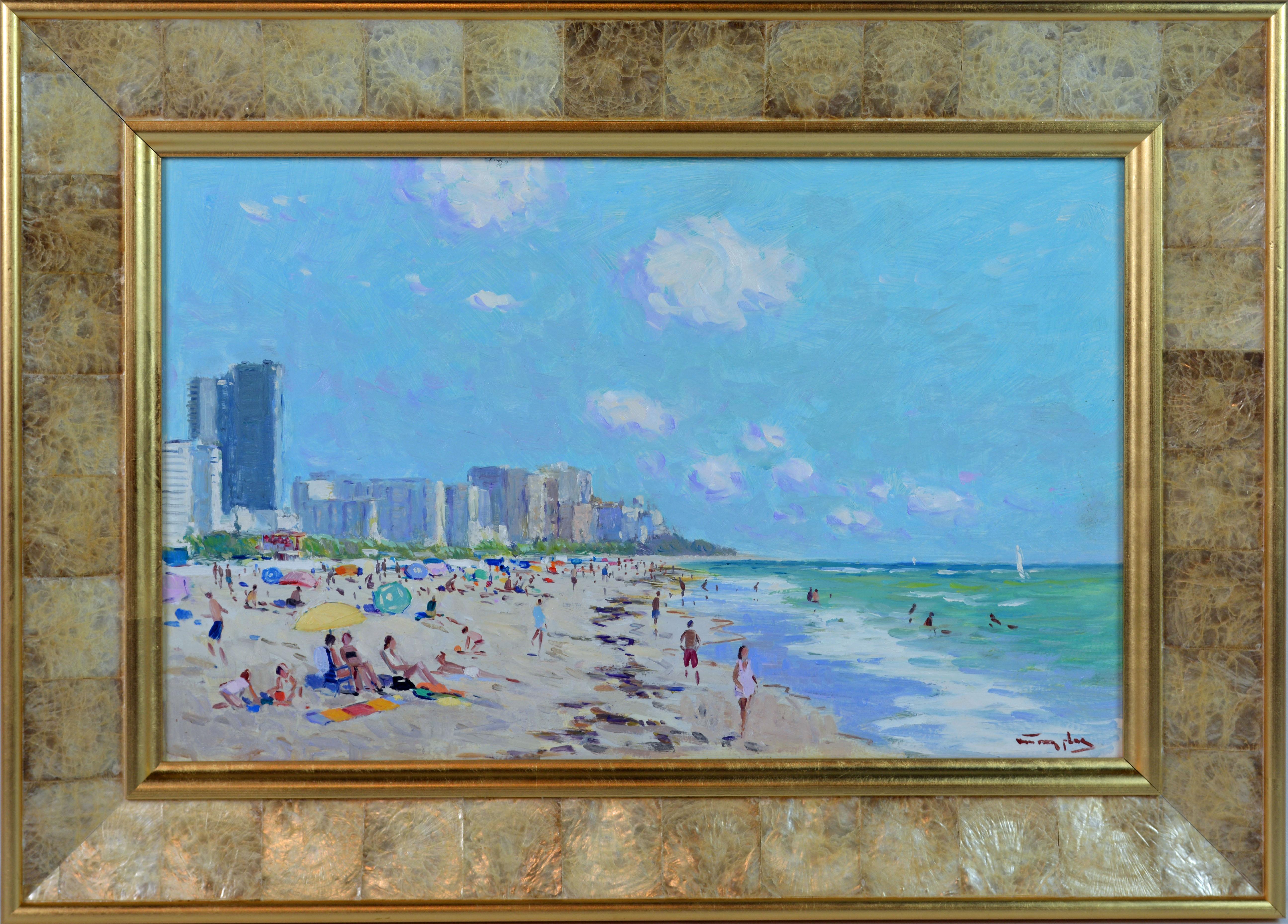 'Miami Beach, Florida'
By Niek van der Plas, Dutch b. 1954.
12 x 19 in. without frame, 18 x 25 in. including frame.
Oil on panel. Signed in lower right corner.
Housed in a Mother of Pearl inlaid gilt wood frame.

Niek van der Plas continues to