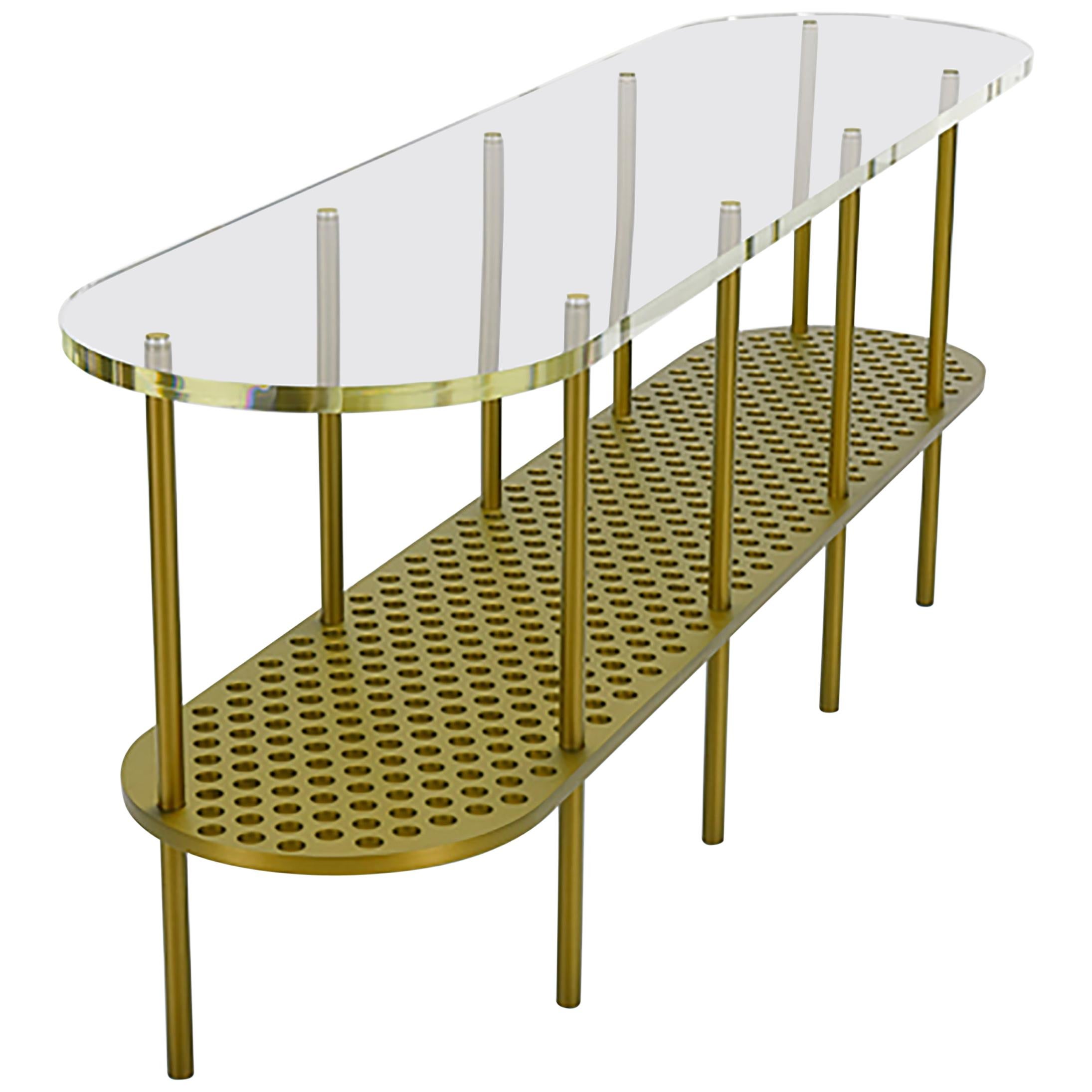 Miami Console in Gold Anodized Aluminum and Polished Acrylic by Jonathan Nesci For Sale