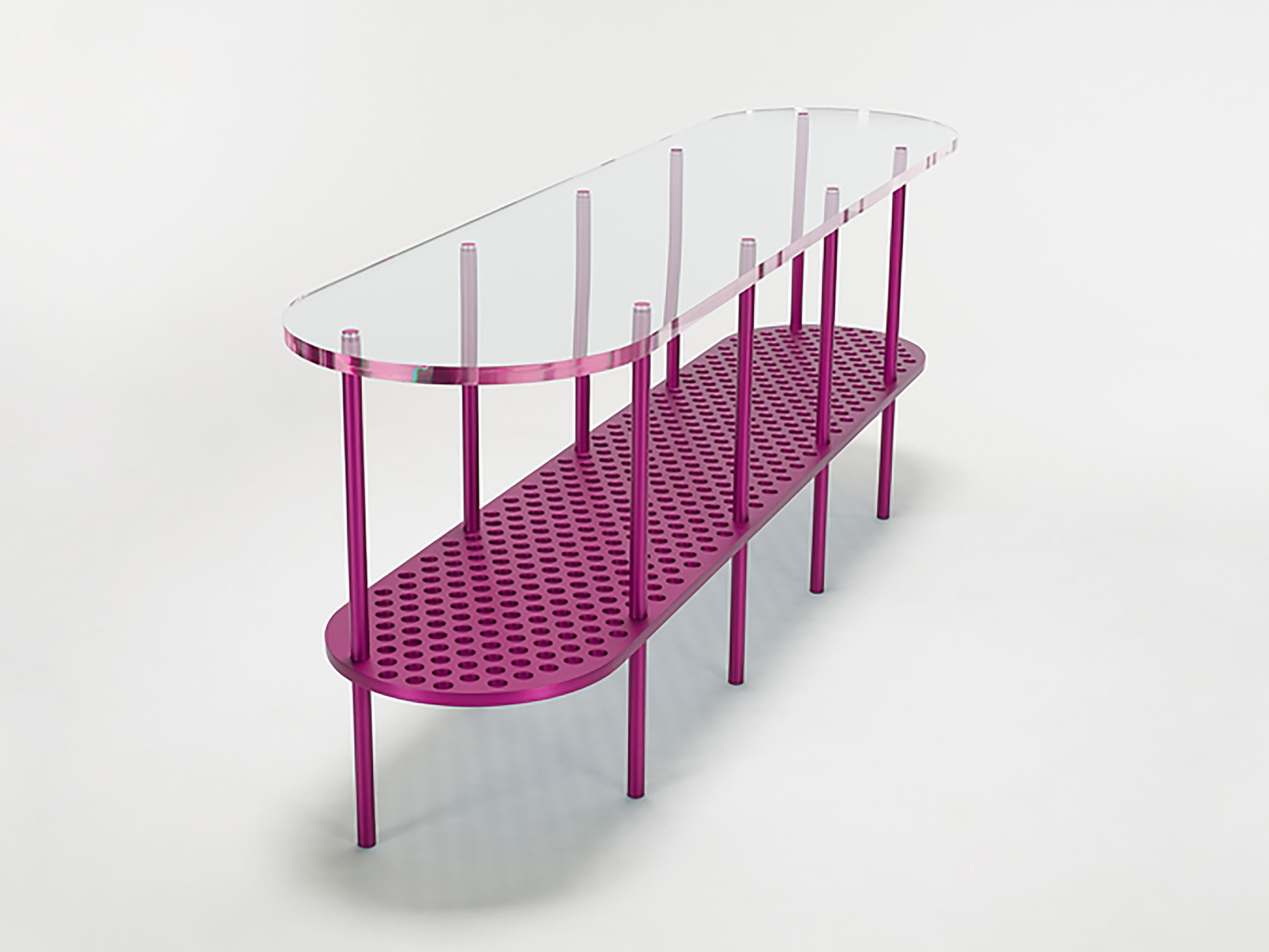 Anodized aluminum and acrylic console by Jonathan Nesci, designed exclusively for Design Miami, 2015. Edition of 6 + 2 AP, each in a unique color. Brushed and anodized milled aluminum plate and bar with polished acrylic top. This is the only green