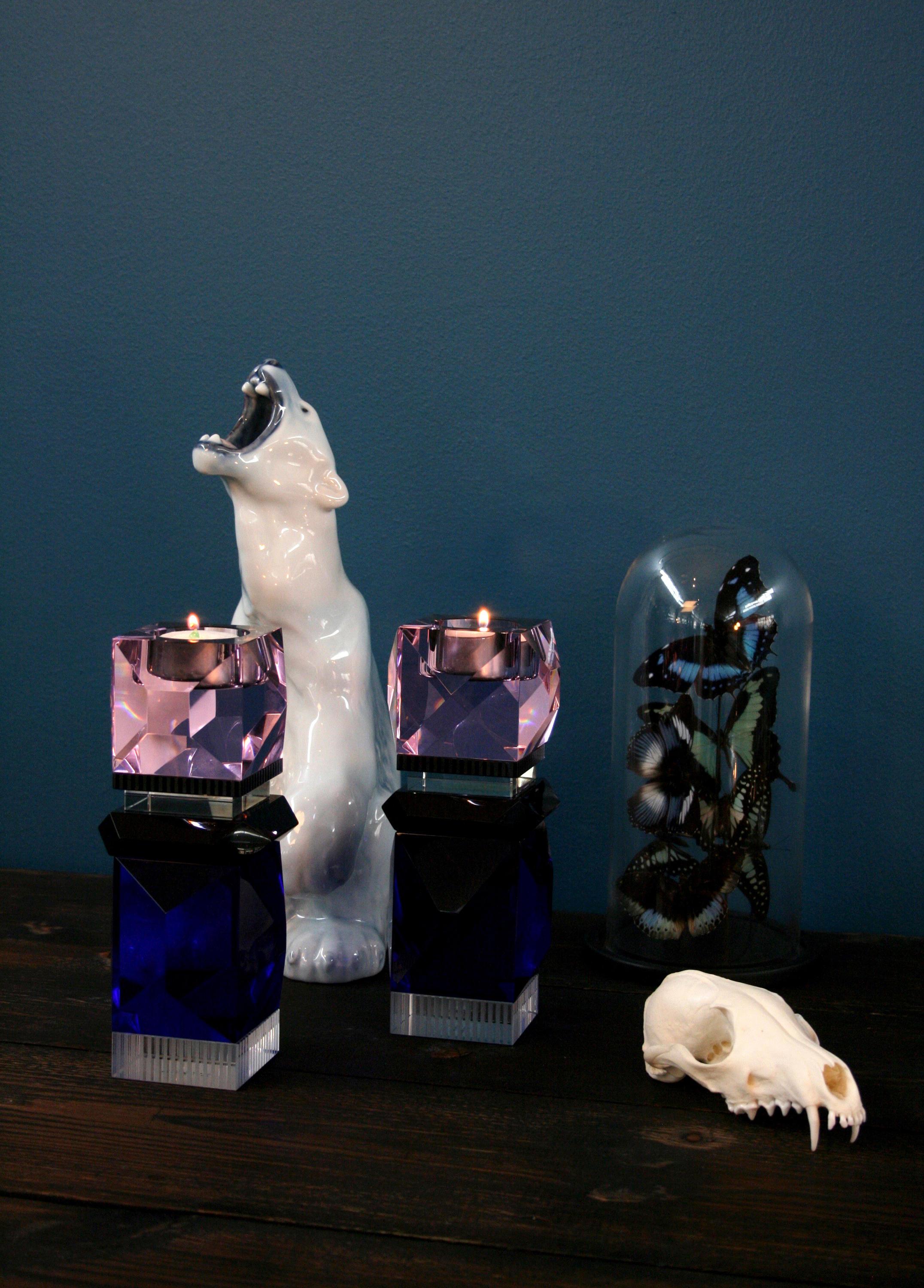 Post-Modern Miami Crystal T-Light Holder, Hand-Sculpted Contemporary Crystal