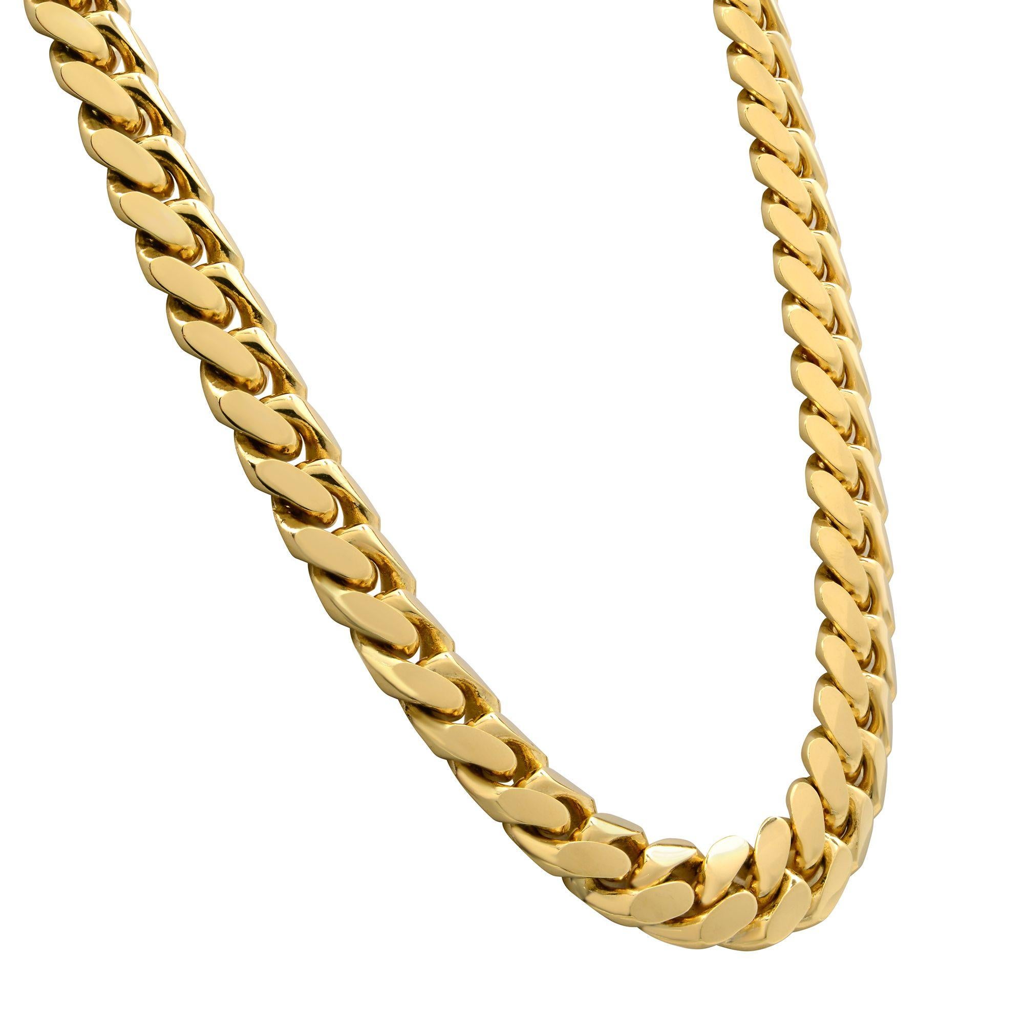 This classic Miami Cuban link chain is handcrafted in highly gleaming 14K yellow gold. Solid gold. The chain is 22 inches in length and 8mm in width. Weighing approximately 149 grams. This chain securely locks with a durable box clasp with two