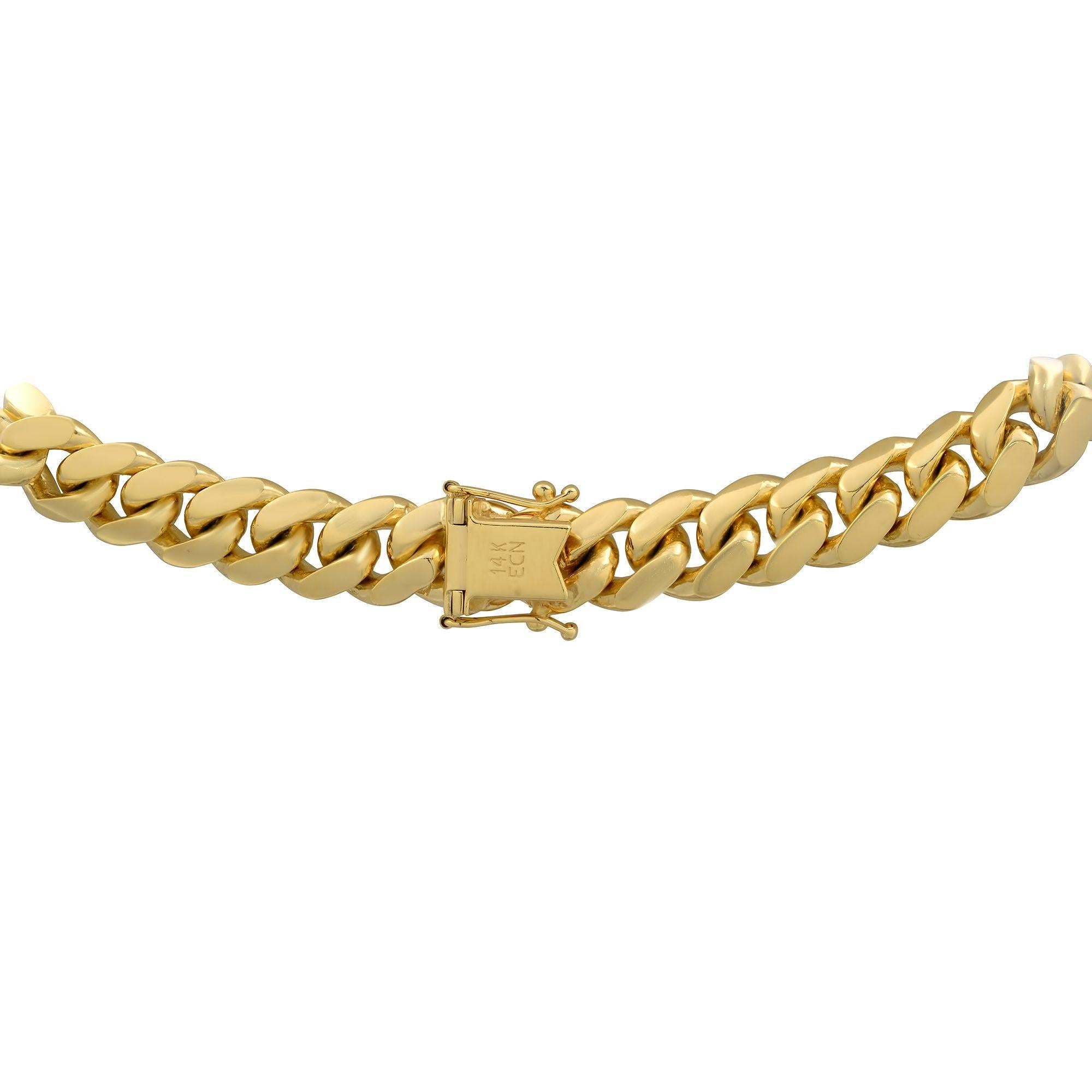 Modern Miami Cuban Link Chain Necklace Solid 14K Yellow Gold For Sale