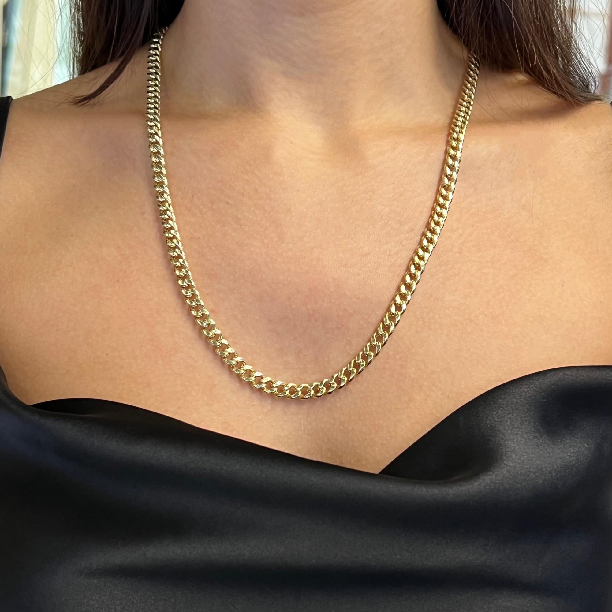 Modern Miami Cuban Link Hollow Chain Necklace 14K Yellow Gold For Sale