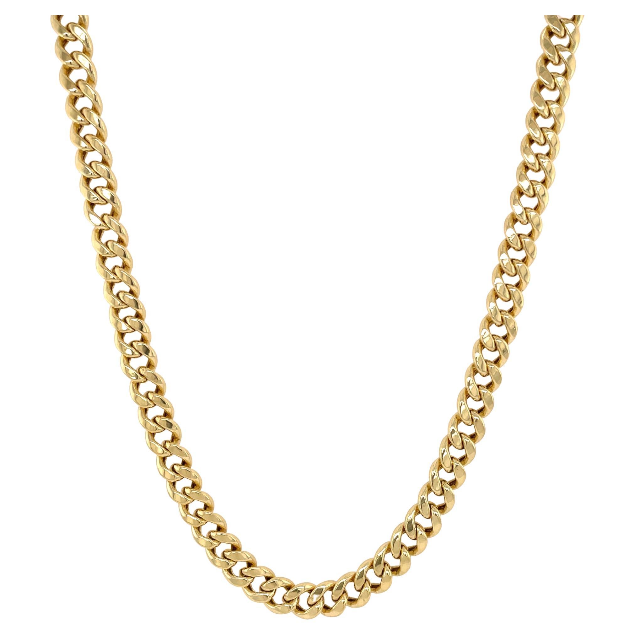 Miami Cuban Link Hollow Chain Necklace 14K Yellow Gold For Sale