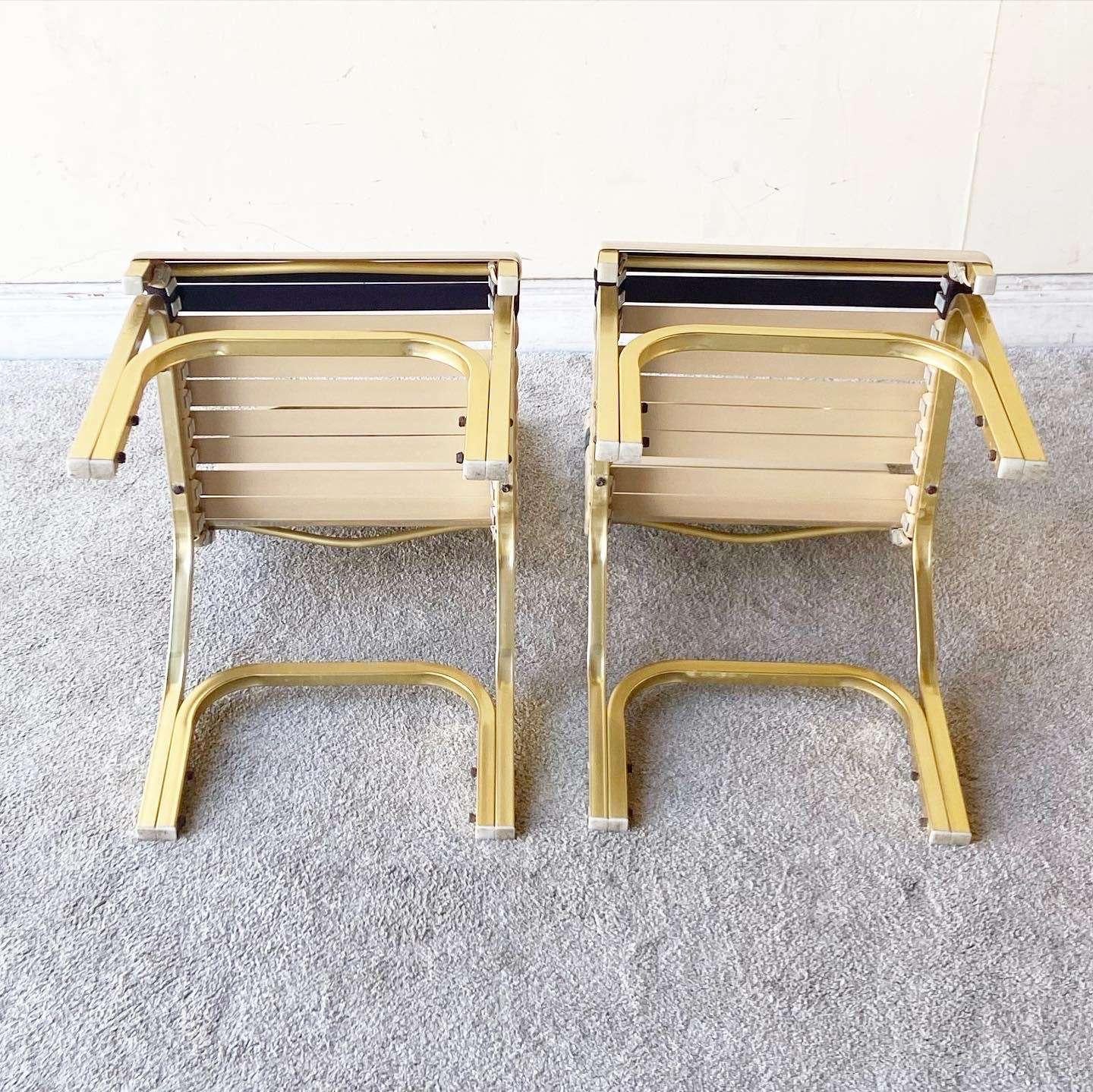 Miami Gold Beige & Blue Metal Poolside Chairs and Table - 3 Pieces In Good Condition For Sale In Delray Beach, FL