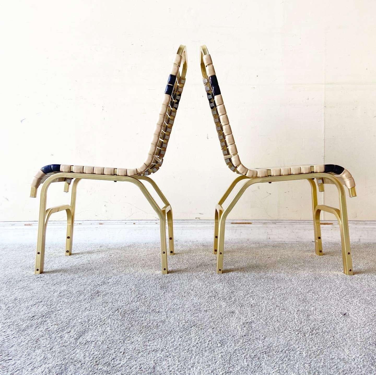 Late 20th Century Miami Gold Beige & Blue Metal Poolside Chairs and Table - 3 Pieces For Sale