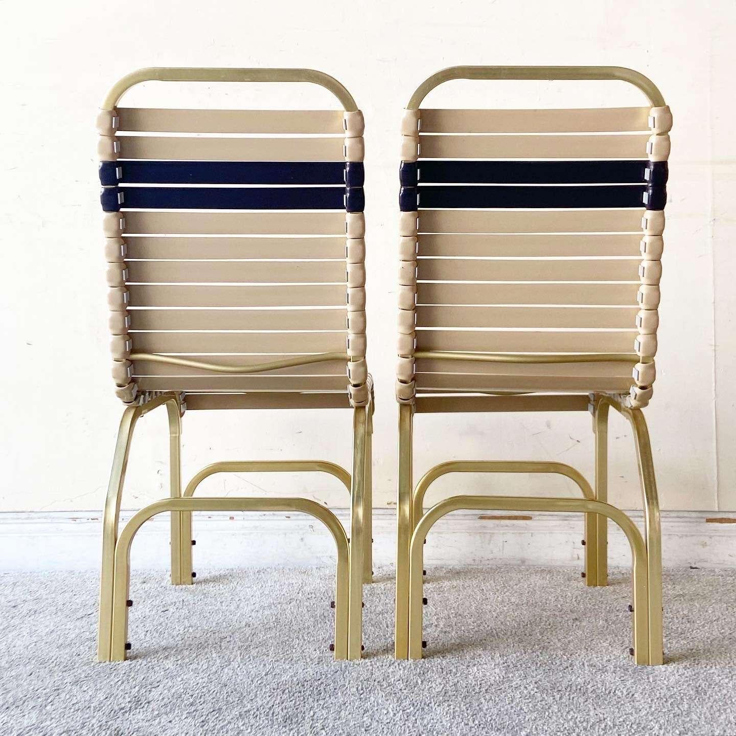 Aluminum Miami Gold Beige & Blue Metal Poolside Chairs and Table - 3 Pieces For Sale