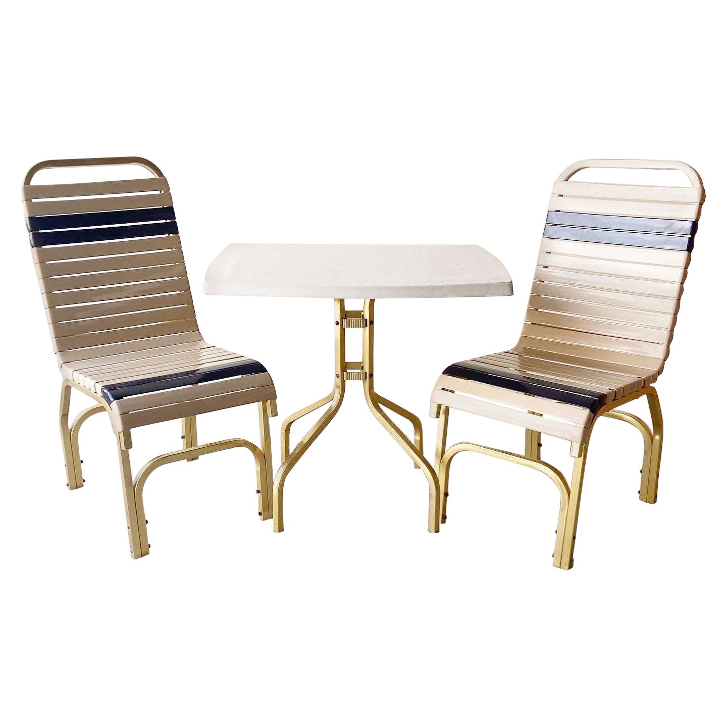 Miami Gold Beige & Blau Metall Poolside Stühle und Tisch - 3 Pieces