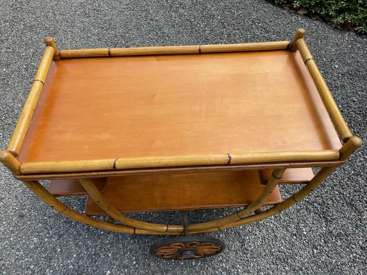 Miami Mid-Century Modern Rattan & Bamboo Server Bar Cart In Good Condition For Sale In Hopewell, NJ