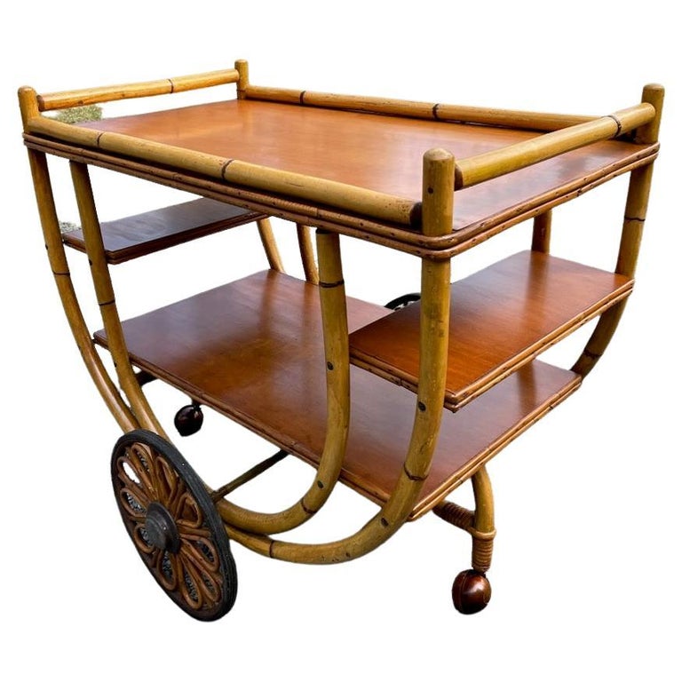 Miami Mid-Century Modern Rattan and Bamboo Server Bar Cart at 1stDibs |  gold bamboo bar cart, bamboo serving cart