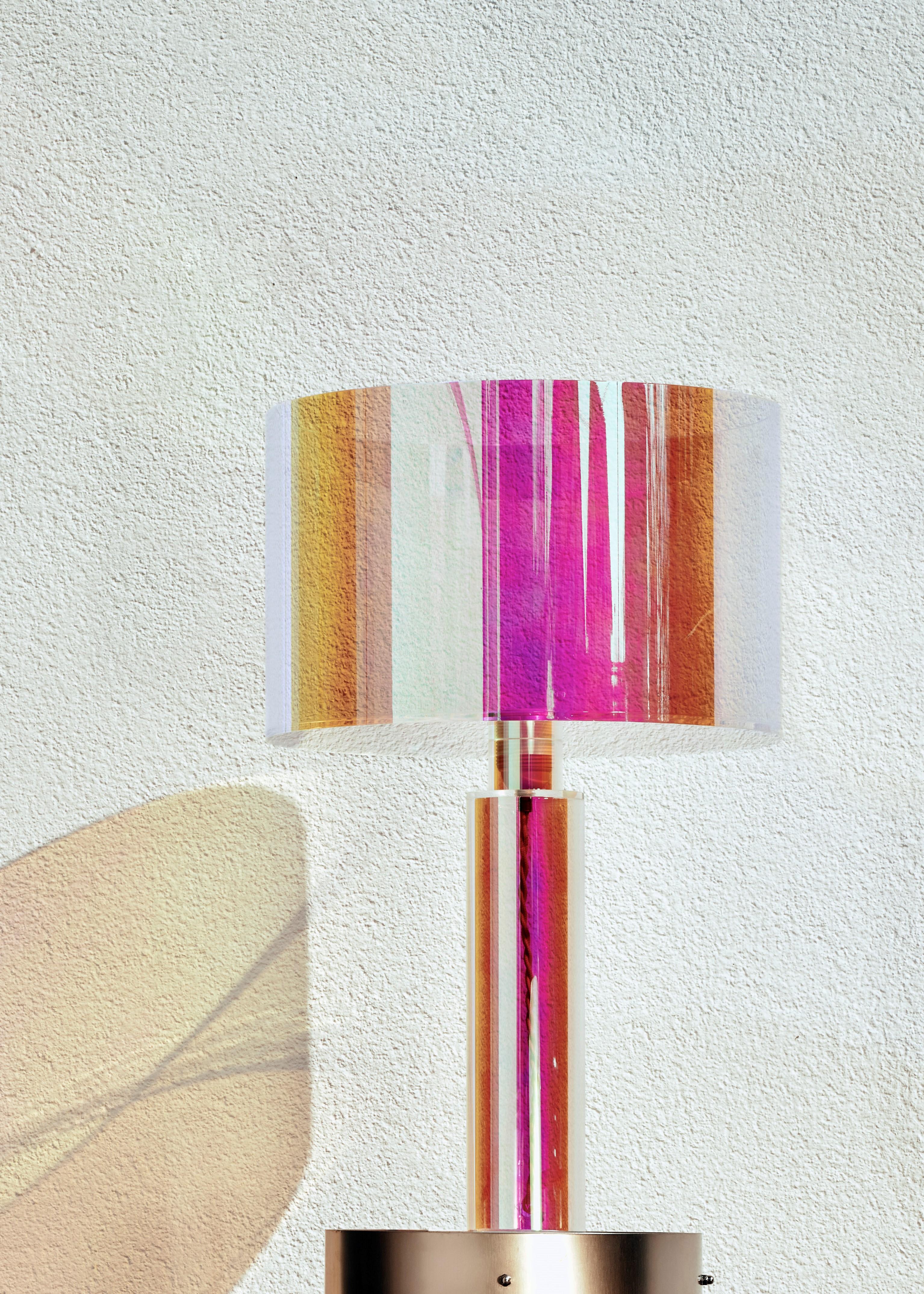 Miami pink table lamp by Brajak Vitberg
Materials: Plexiglass, Dichroic film
Dimensions: 55 x 35 cm

 Minnor bubbles can appear since this is a custom made product.

Bijelic and Brajak are two architects from Ljubljana, Slovenia.
They are