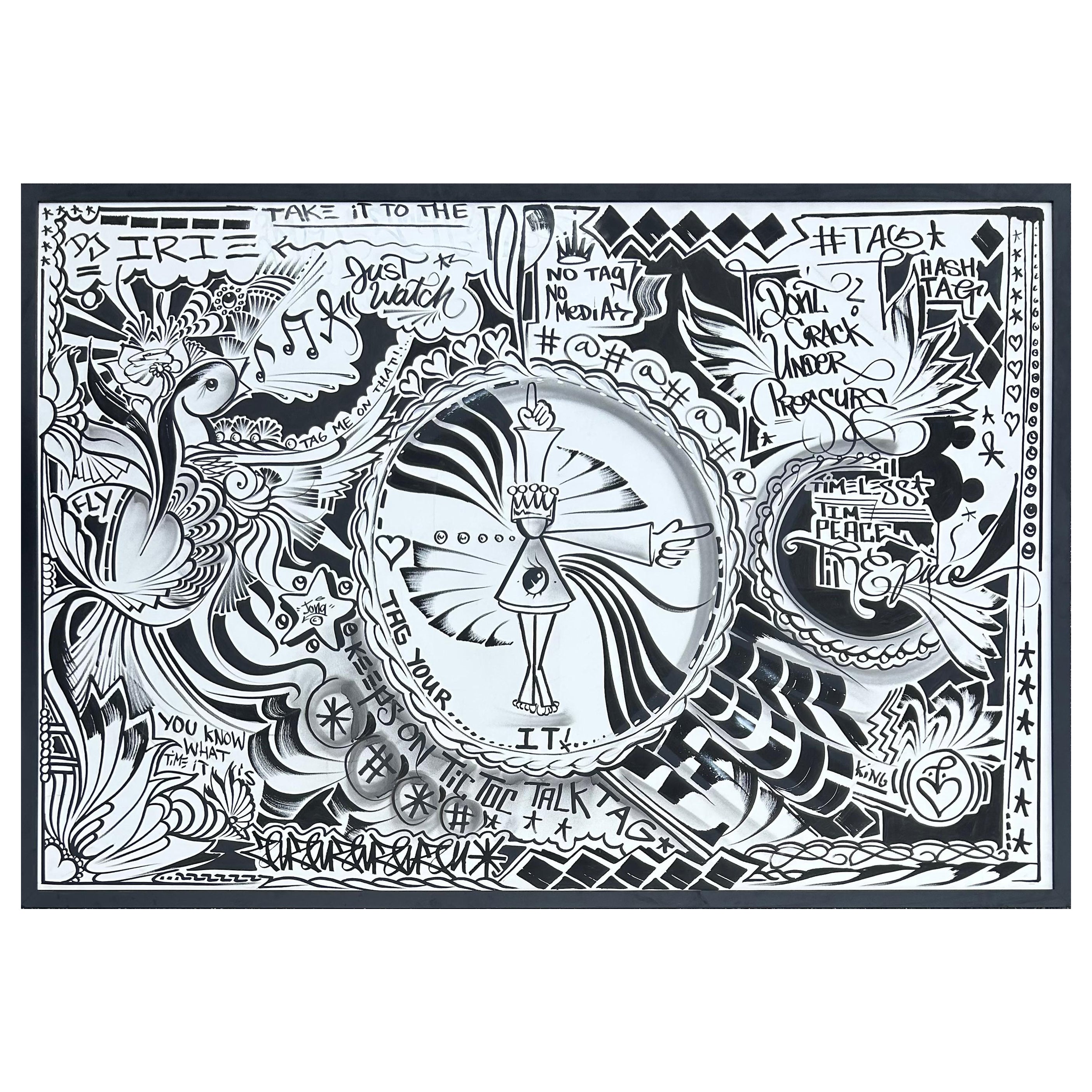 Pintura abstracta en blanco y negro de la artista callejera de Miami Jona Cerwinske c2010 en venta