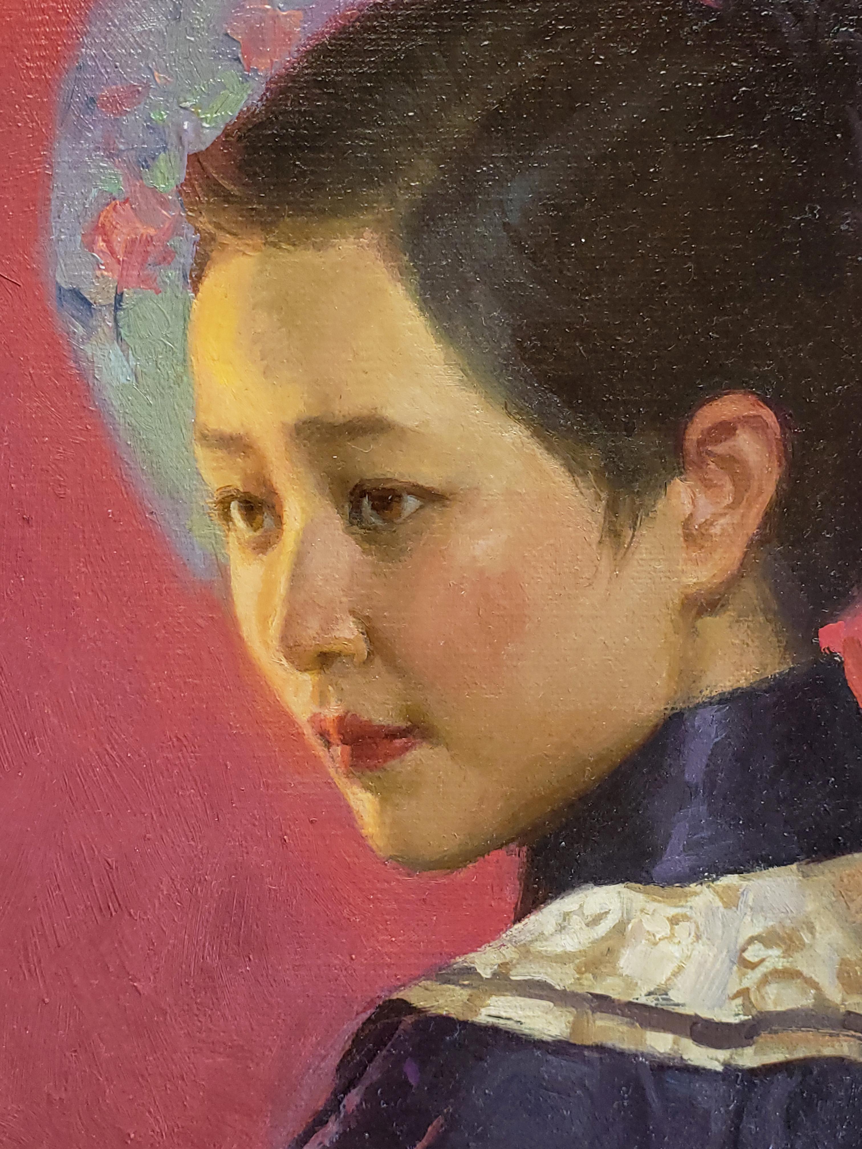 Provenance
Acquired by the gallery directly from the artist.

Description
The subject of this oil painting by Mian Situ shows a young woman standing poised in a moment of contemplation. The Lantern Festival is a time to remember departed family