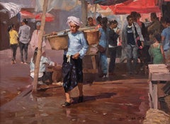 "Thai Woman at Market" Original Realist Cityscape Market Scene