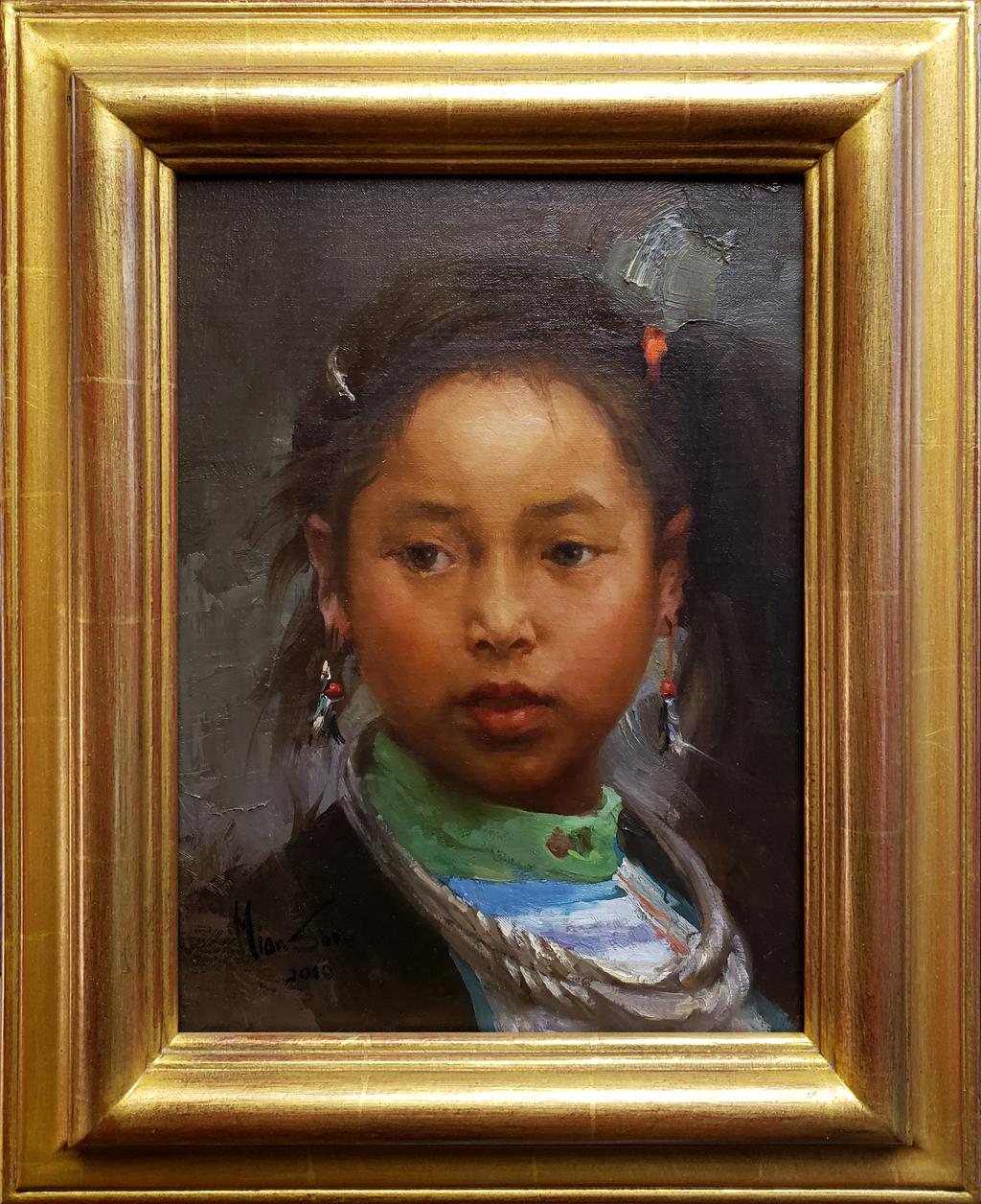 Dream-art Oil painting beautiful Chinese young girl sister Minority Hmong canvas