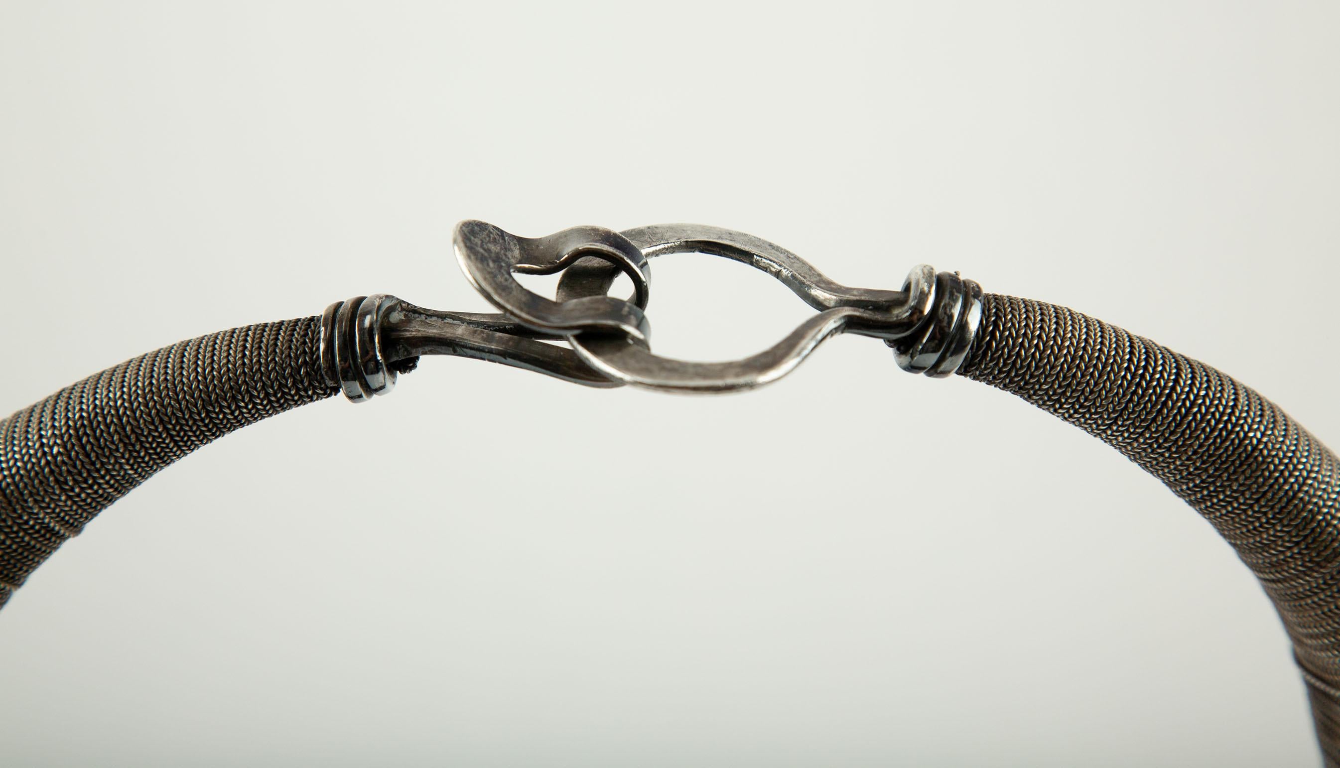Chinese Miao Minority Tribe Silver Necklace with Knotted Chain Rings For Sale