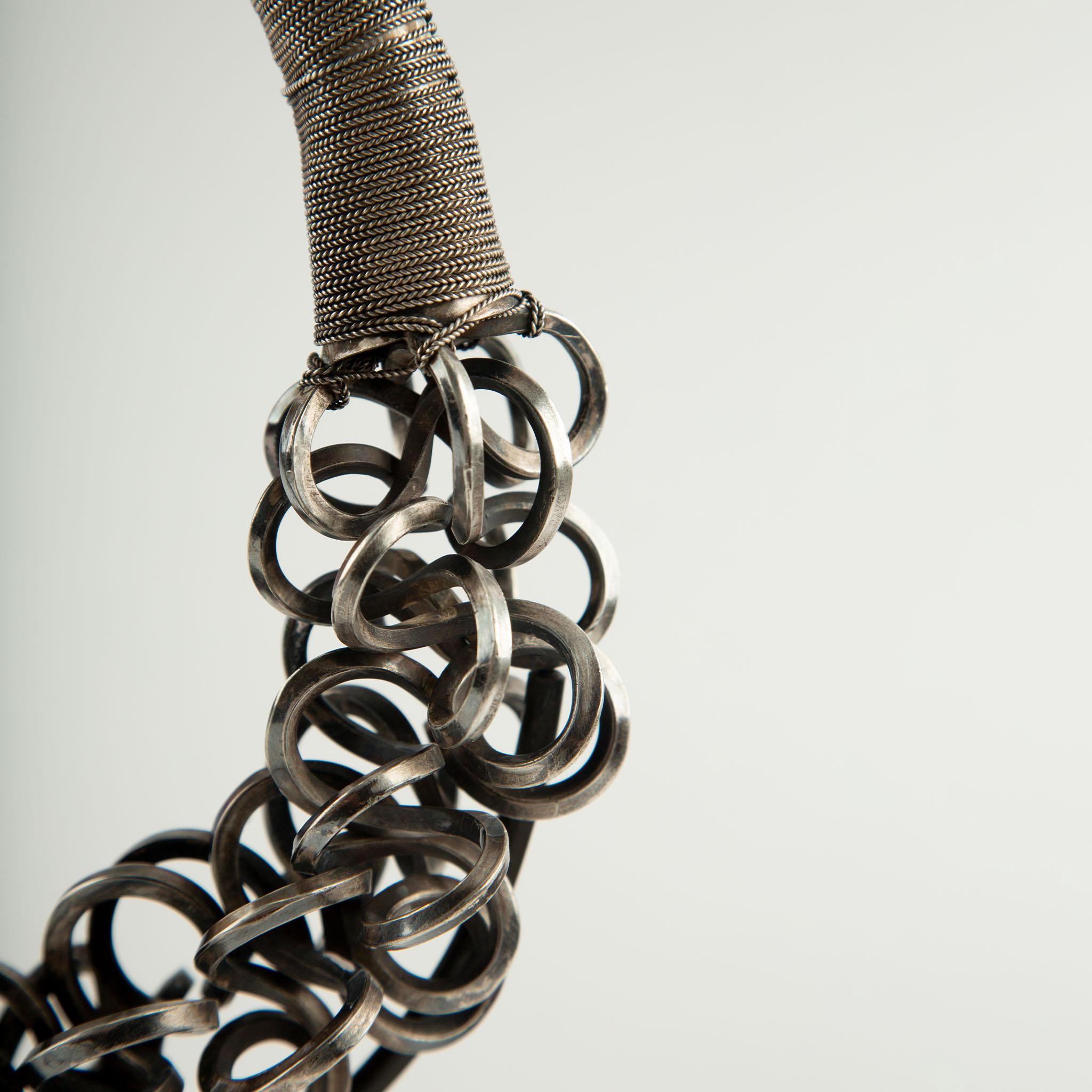 Miao Minority Tribe Silver Necklace with Knotted Chain Rings In Excellent Condition For Sale In New York, NY
