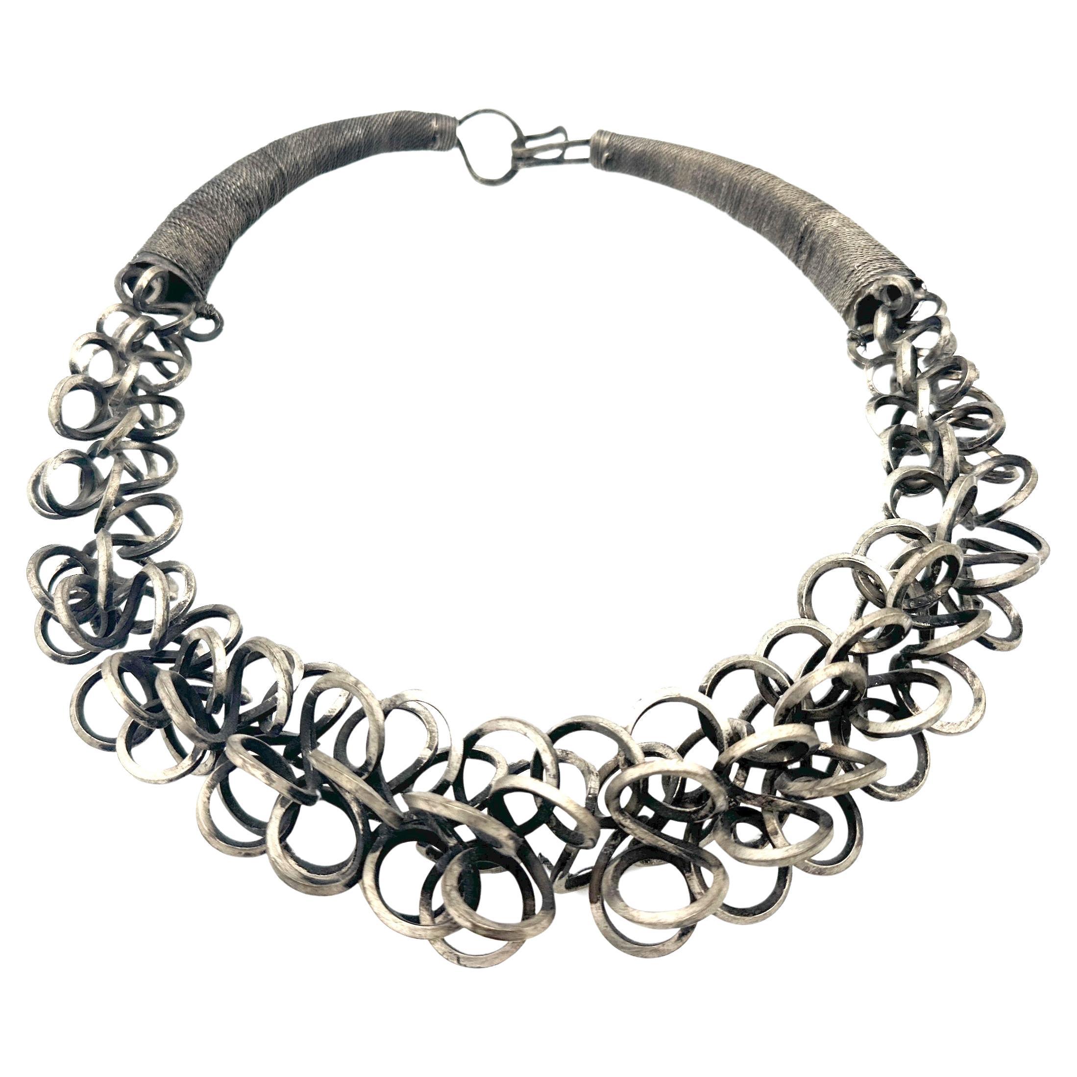 Tribal Miao Tribe Interlaced & Massed Rings Silver Pectoral Necklace For Sale