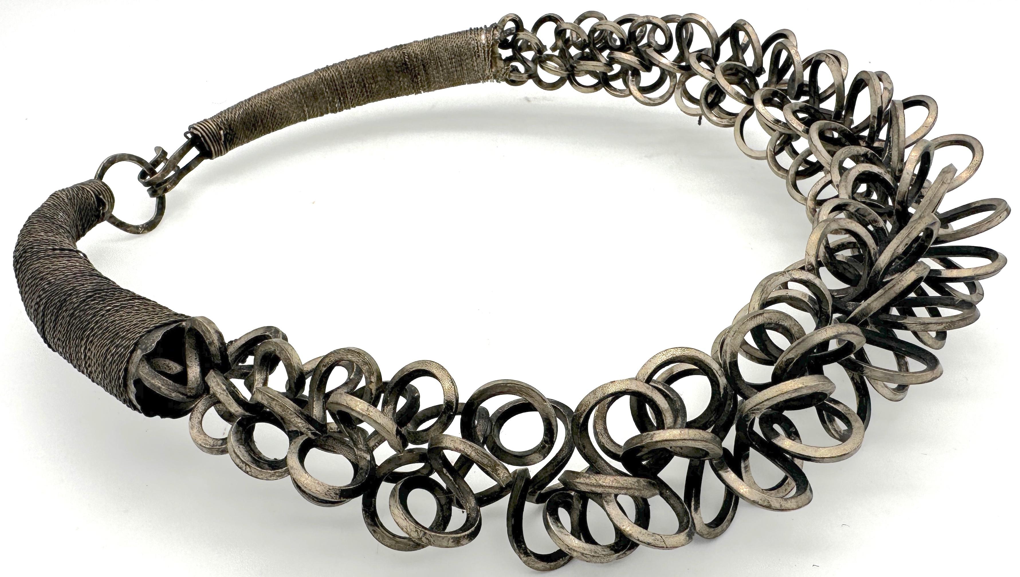 Metal Miao Tribe Interlaced & Massed Rings Silver Pectoral Necklace For Sale