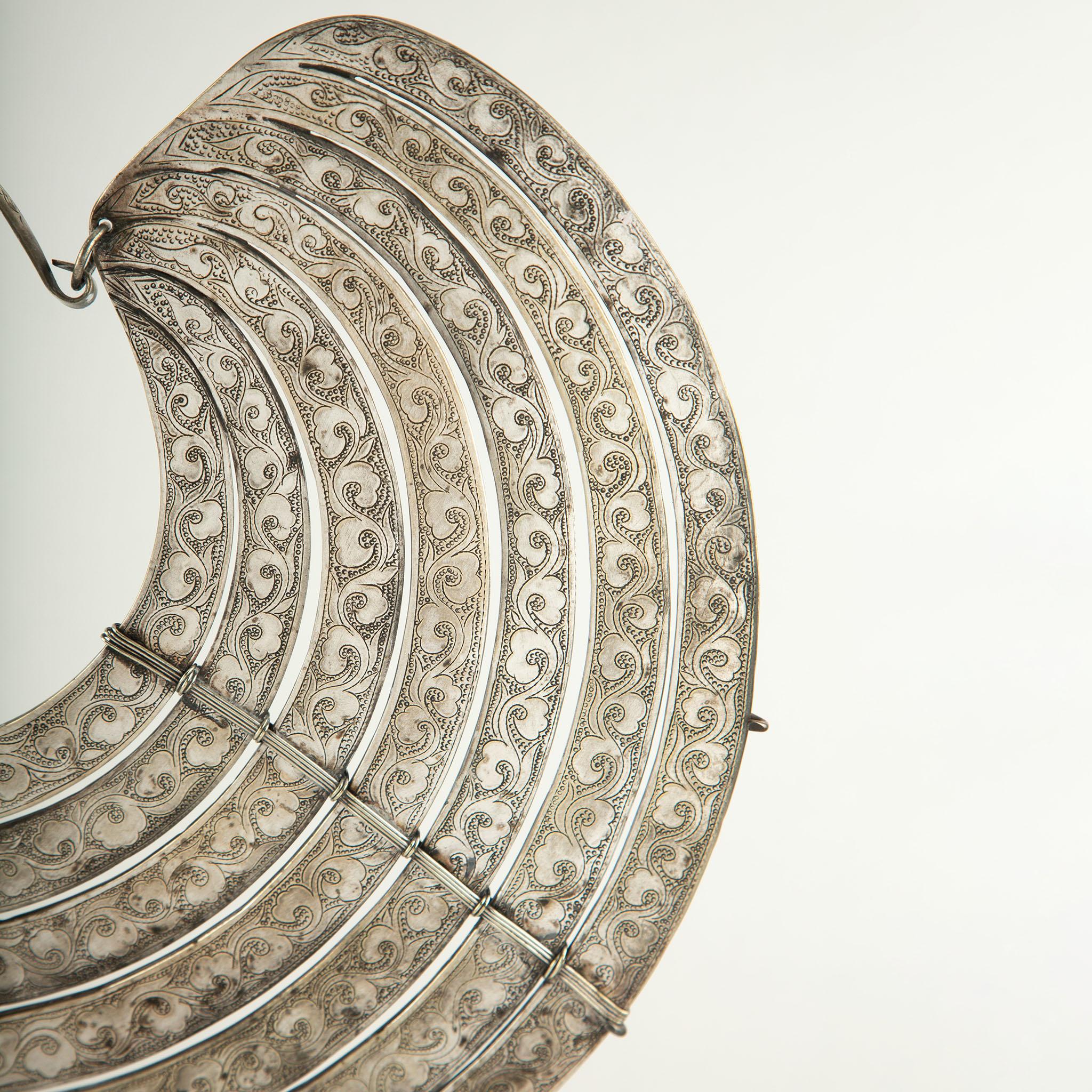 Tribal Miao Tribe Silver Necklace 7 Ring Design For Sale