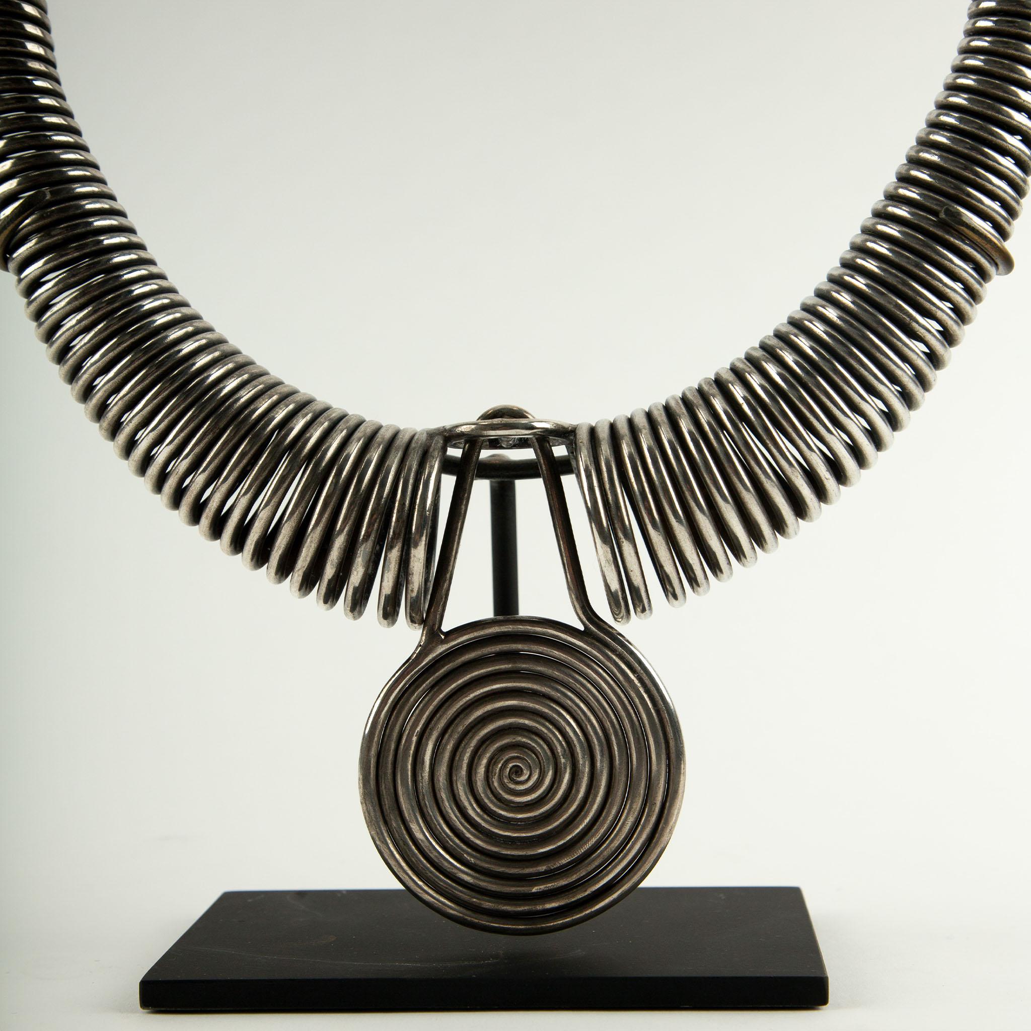 Tribal Miao Tribe Silver Necklace with Coiled Rings with Center Medallion For Sale