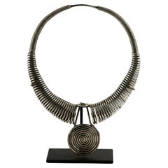 Miao Tribe Silver Necklace with Coiled Rings with Center Medallion